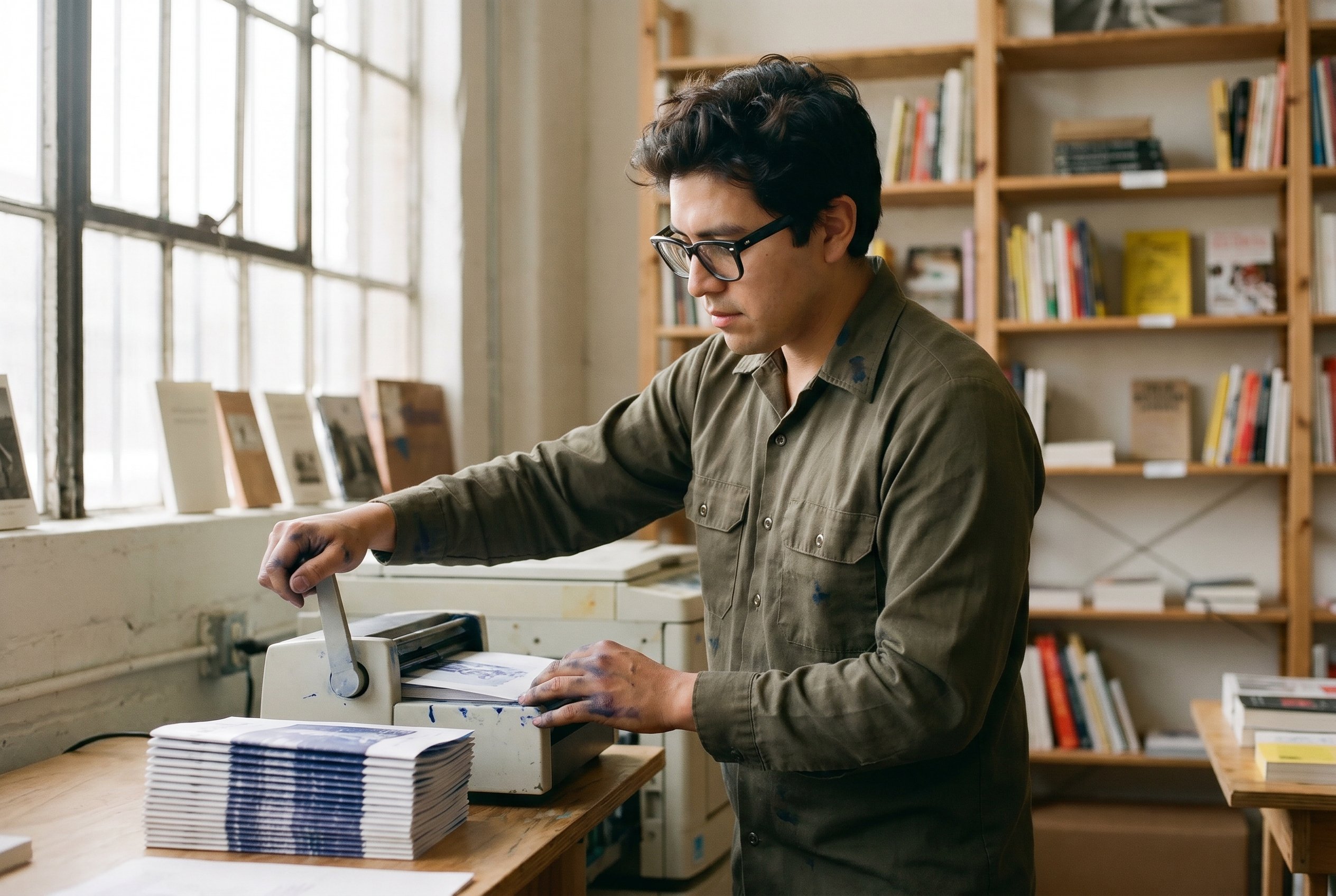 Cranking the riso-printer, Sunset Park bookshop interior