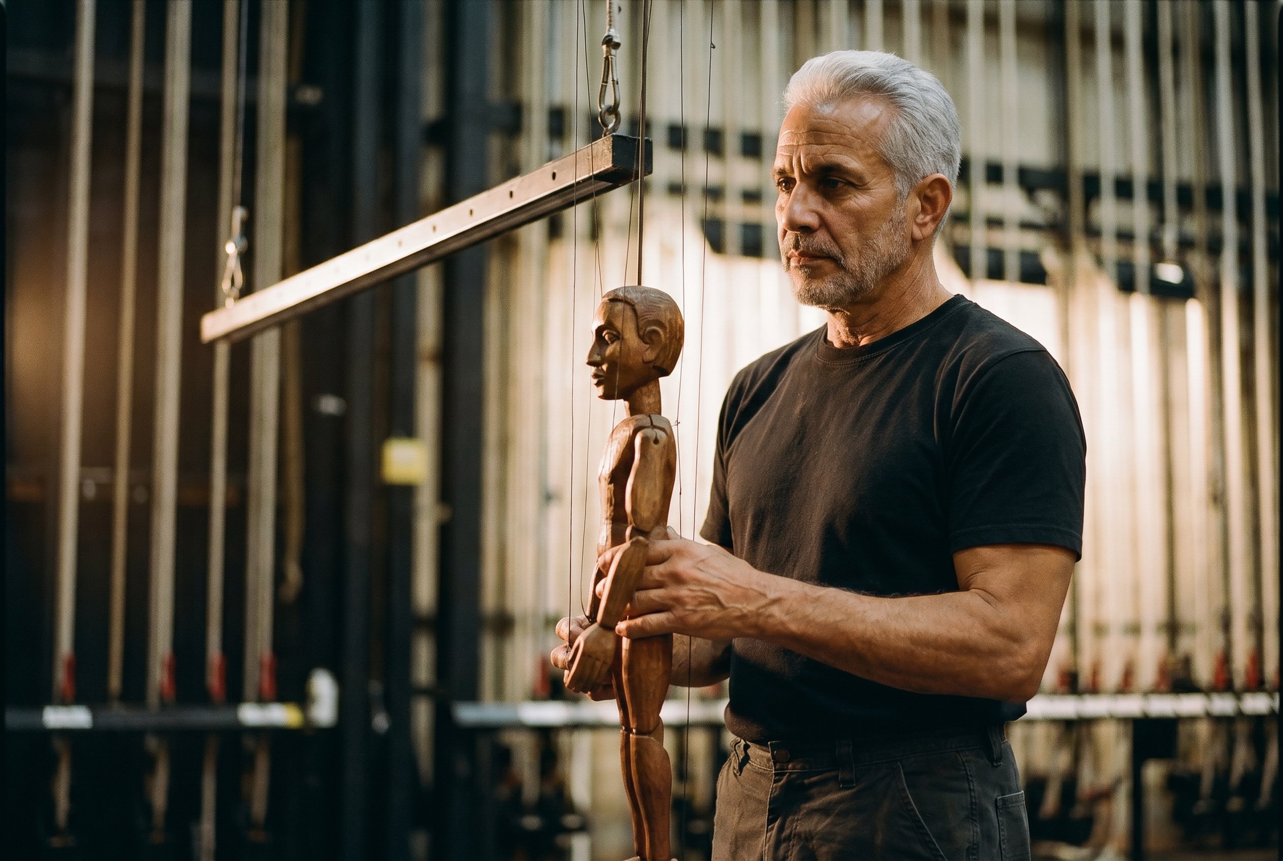 Backstage in the wings holding a hand-carved marionette