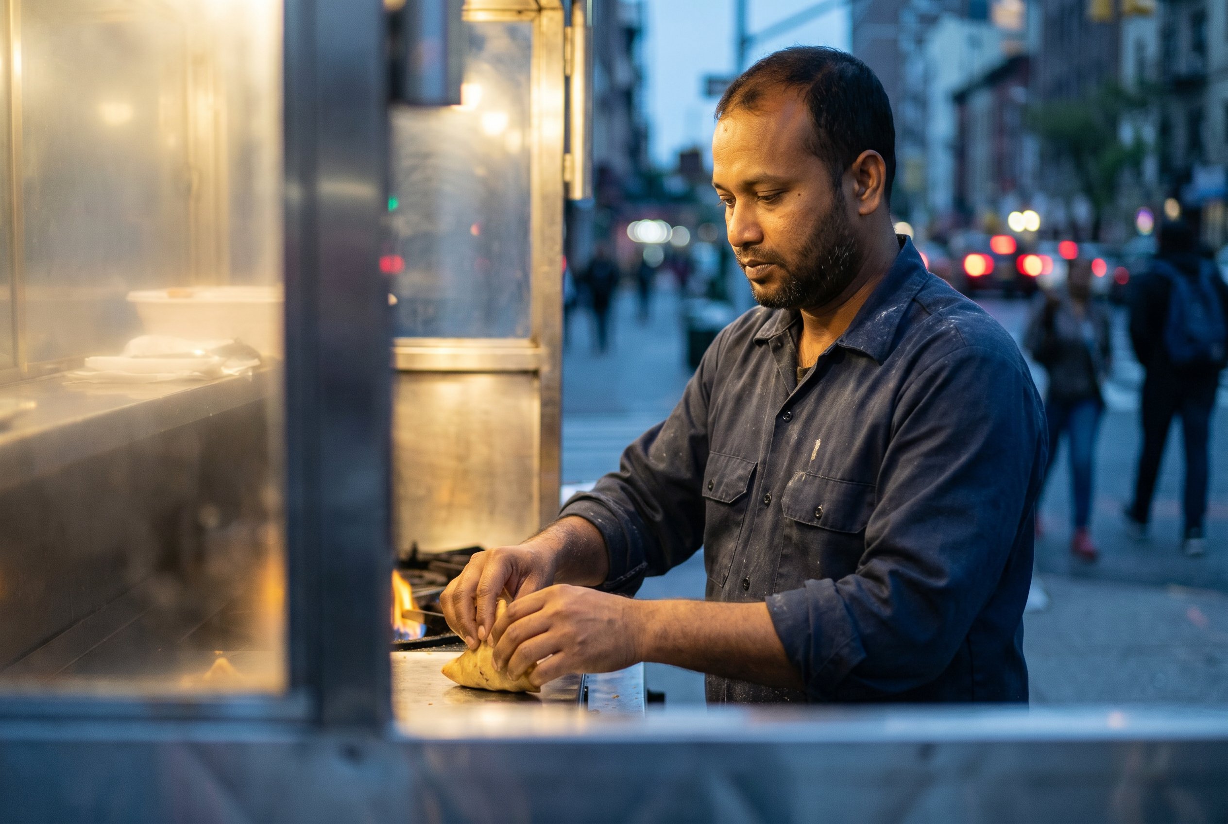 Working the cart at blue-hour, Jackson Heights street