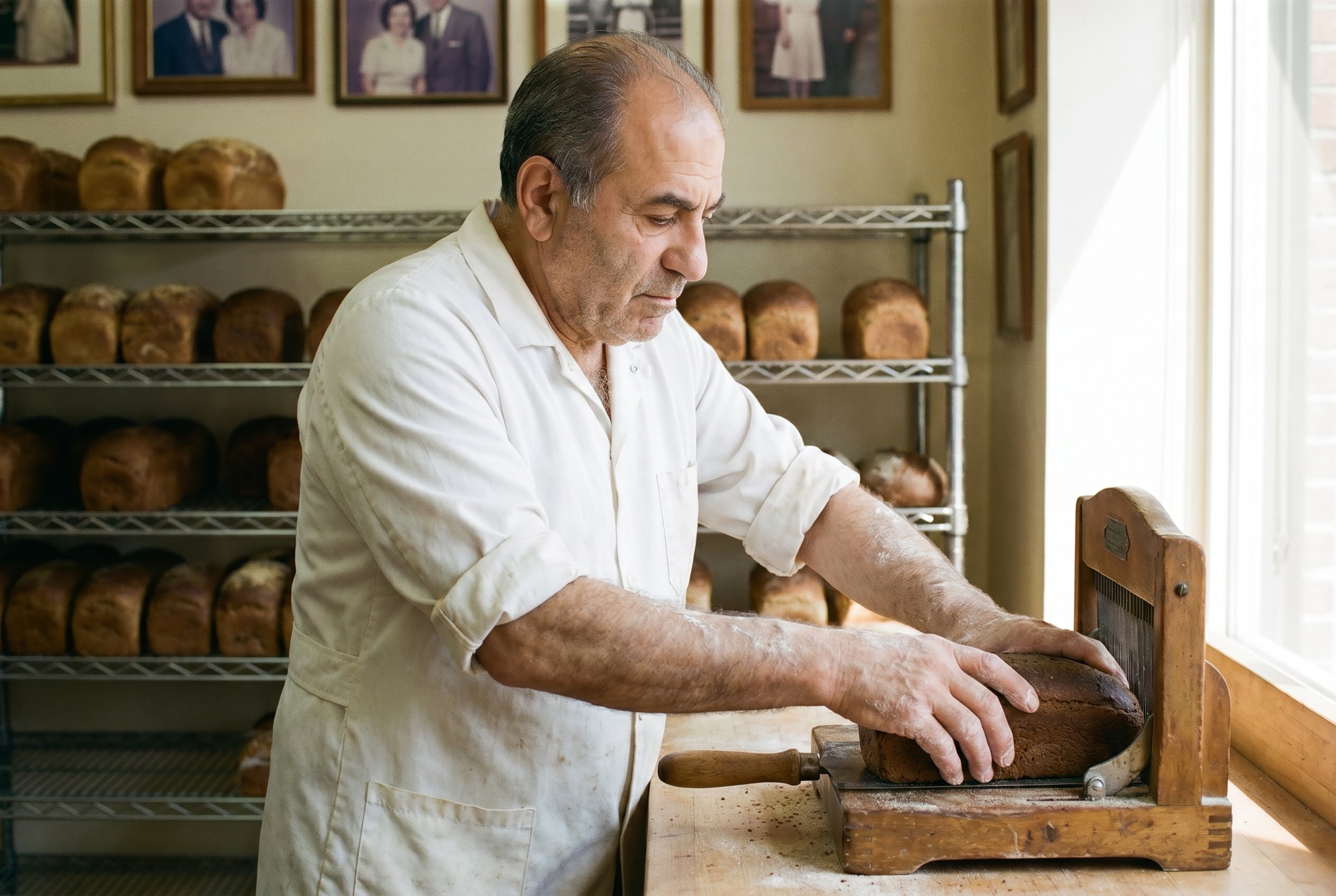 Behind the bakery counter, racks of rye and pumpernickel