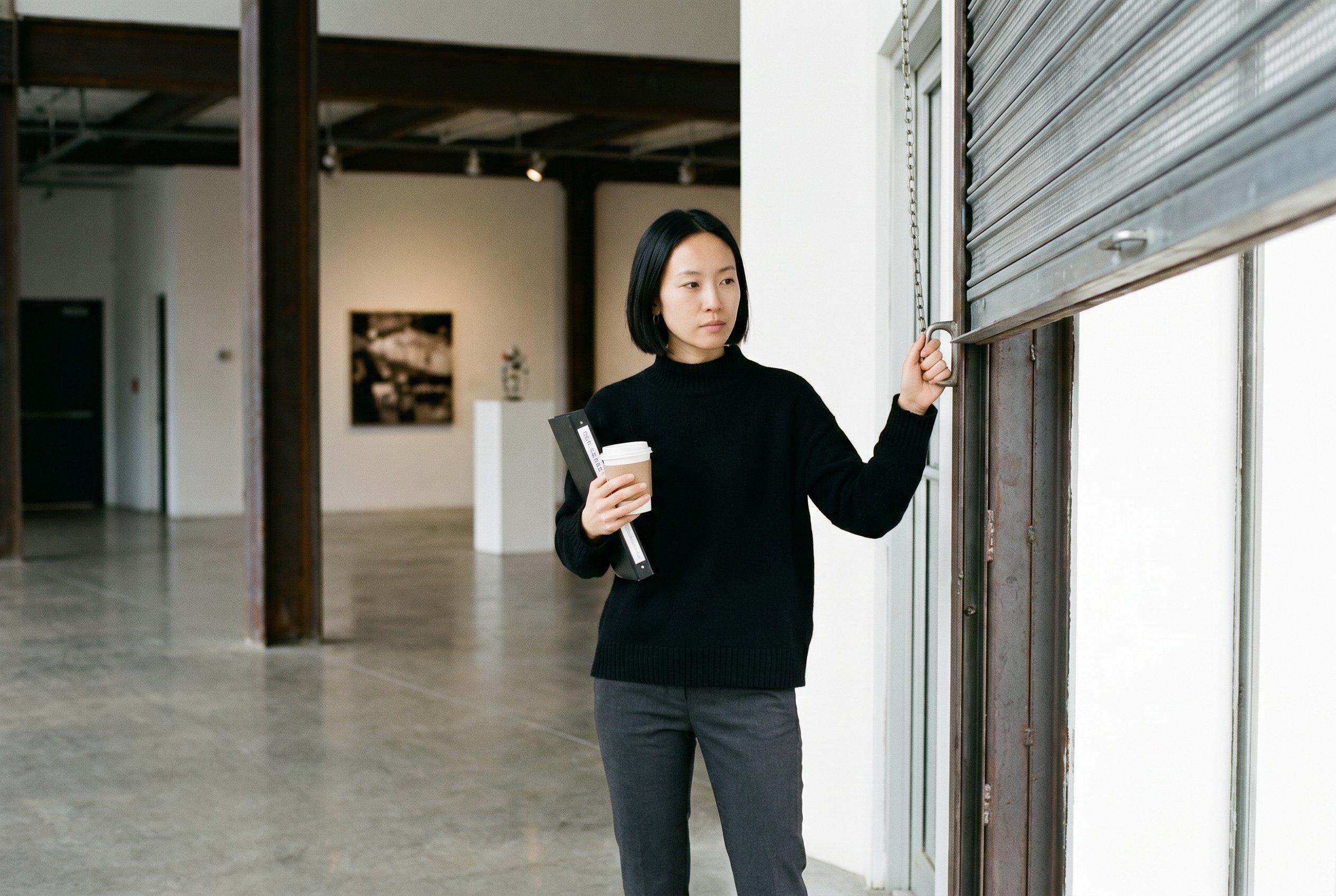 Gallery storefront with steel pull-shutter half-raised