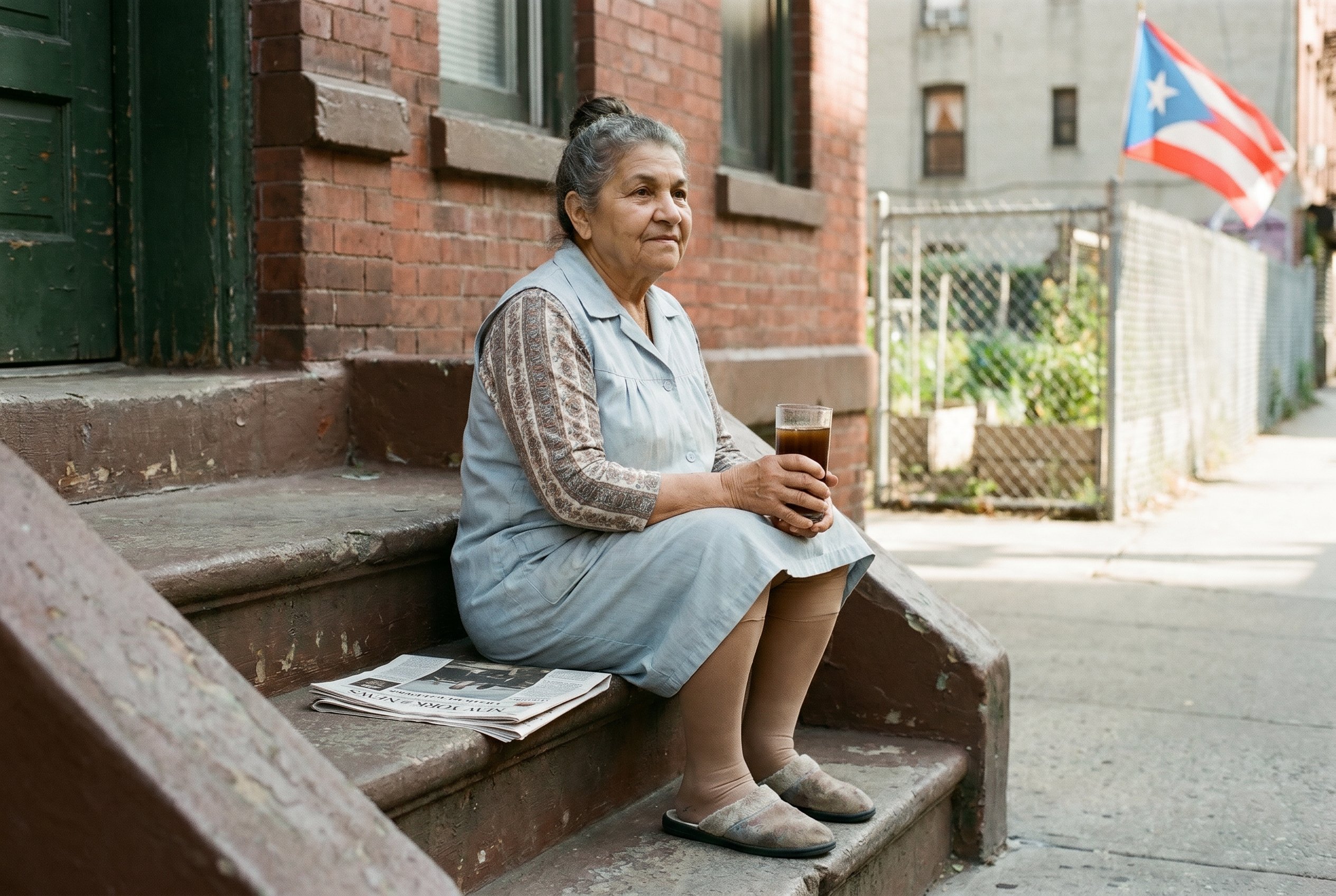 Stoop sitting on Avenue C, casita garden visible through the chain-link