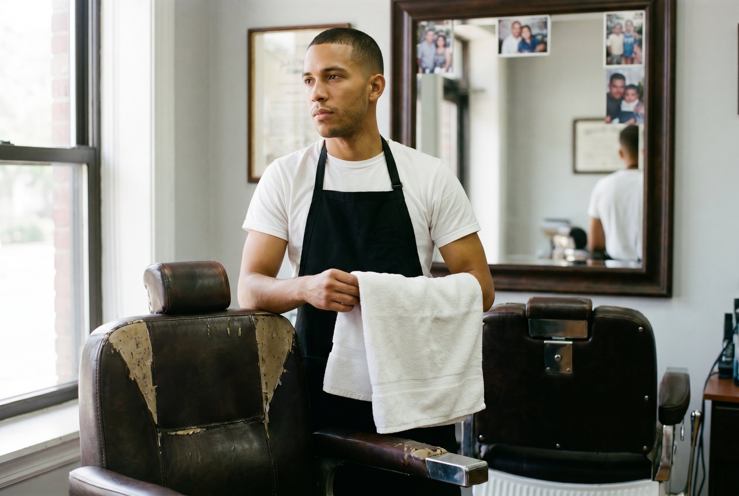 Behind the barber chair, towels folded, faded family-photographs on the mirror frame