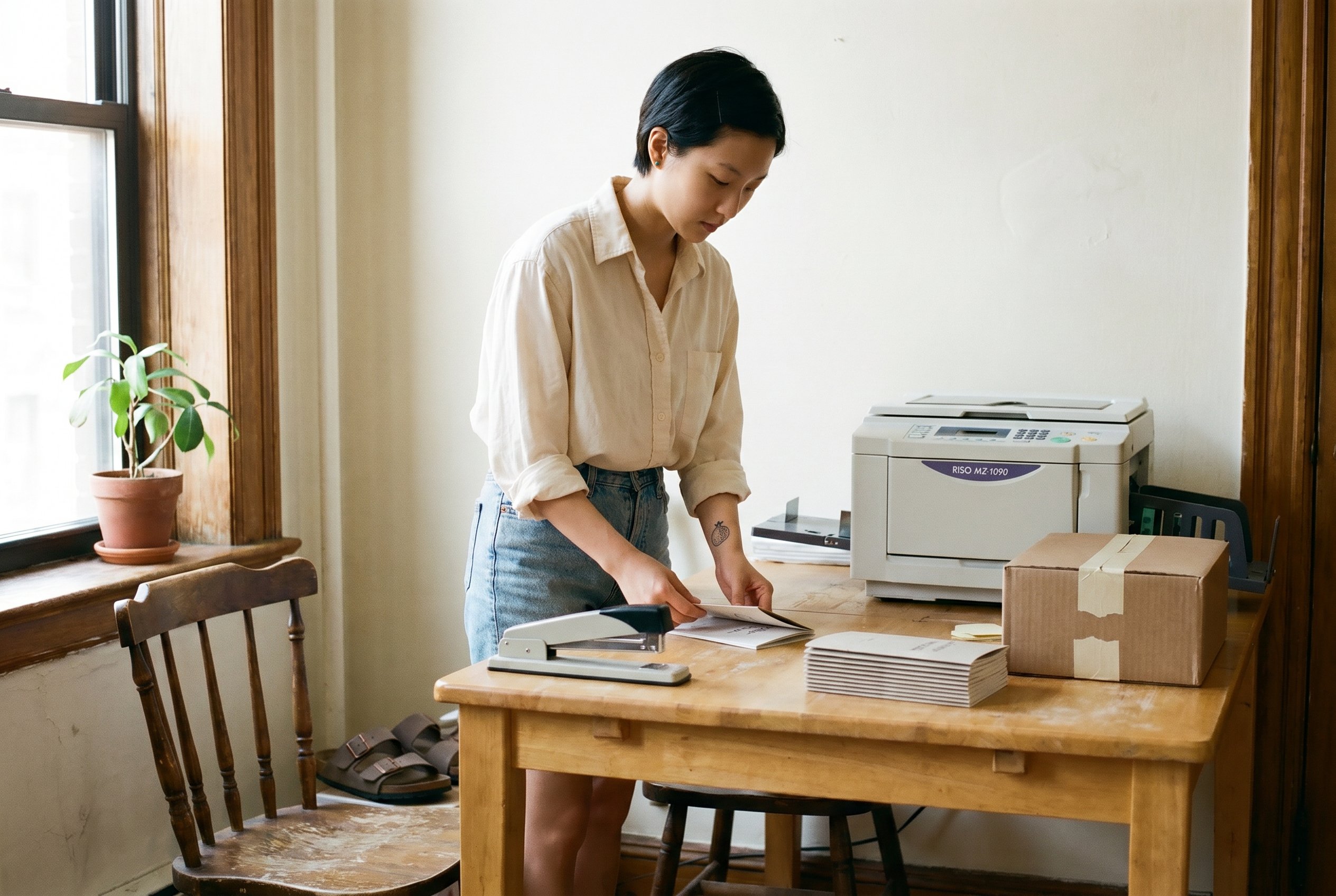 Apartment kitchen-table press setup, riso-printer and folded chapbooks