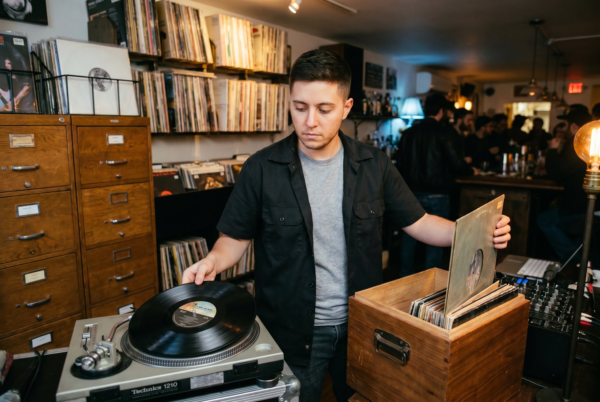 Vinyl-bar Saturday-night, behind the booth flipping a record on the second turntable