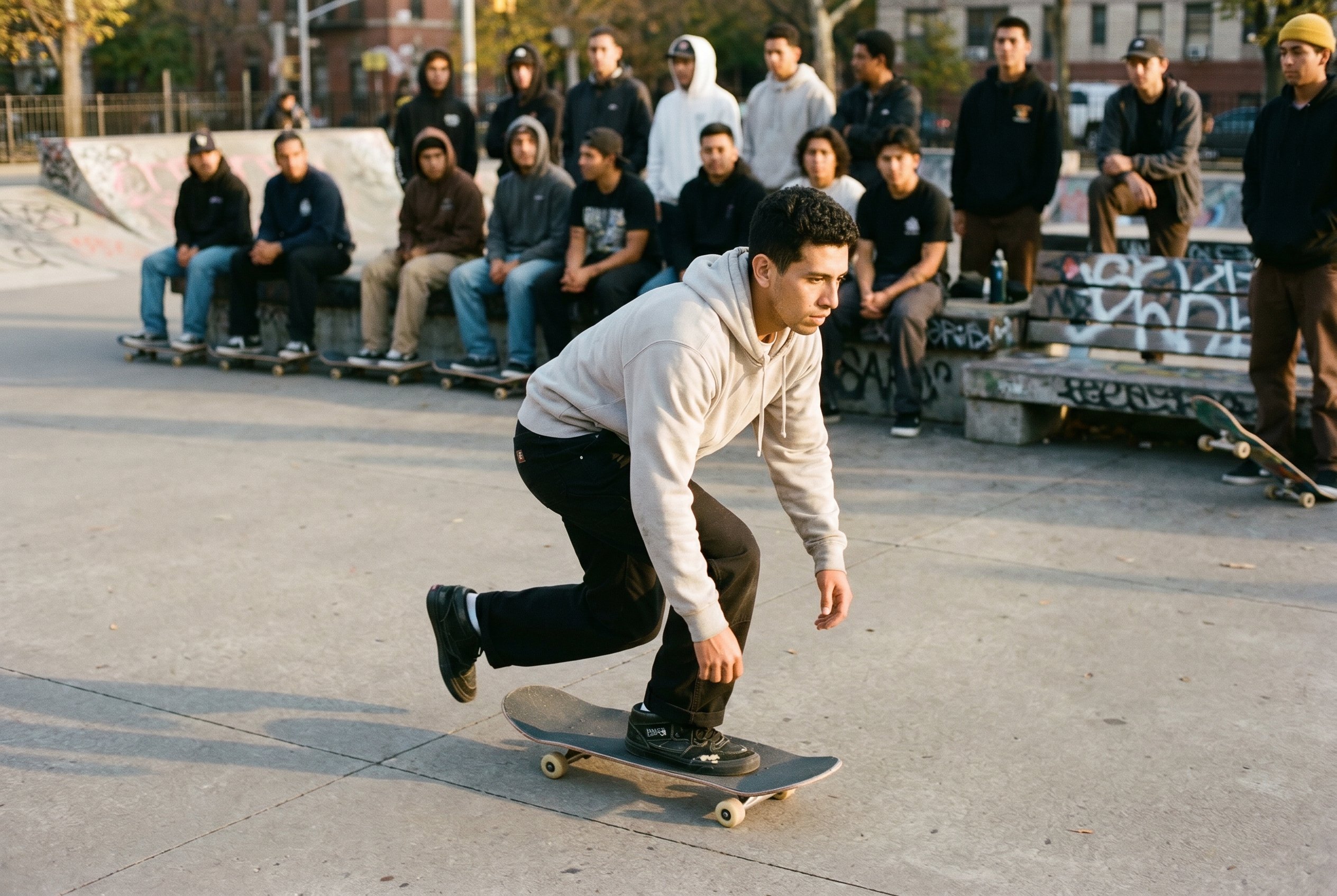 Tompkins Square skatepark plaza, mid-push with the crew behind in soft focus