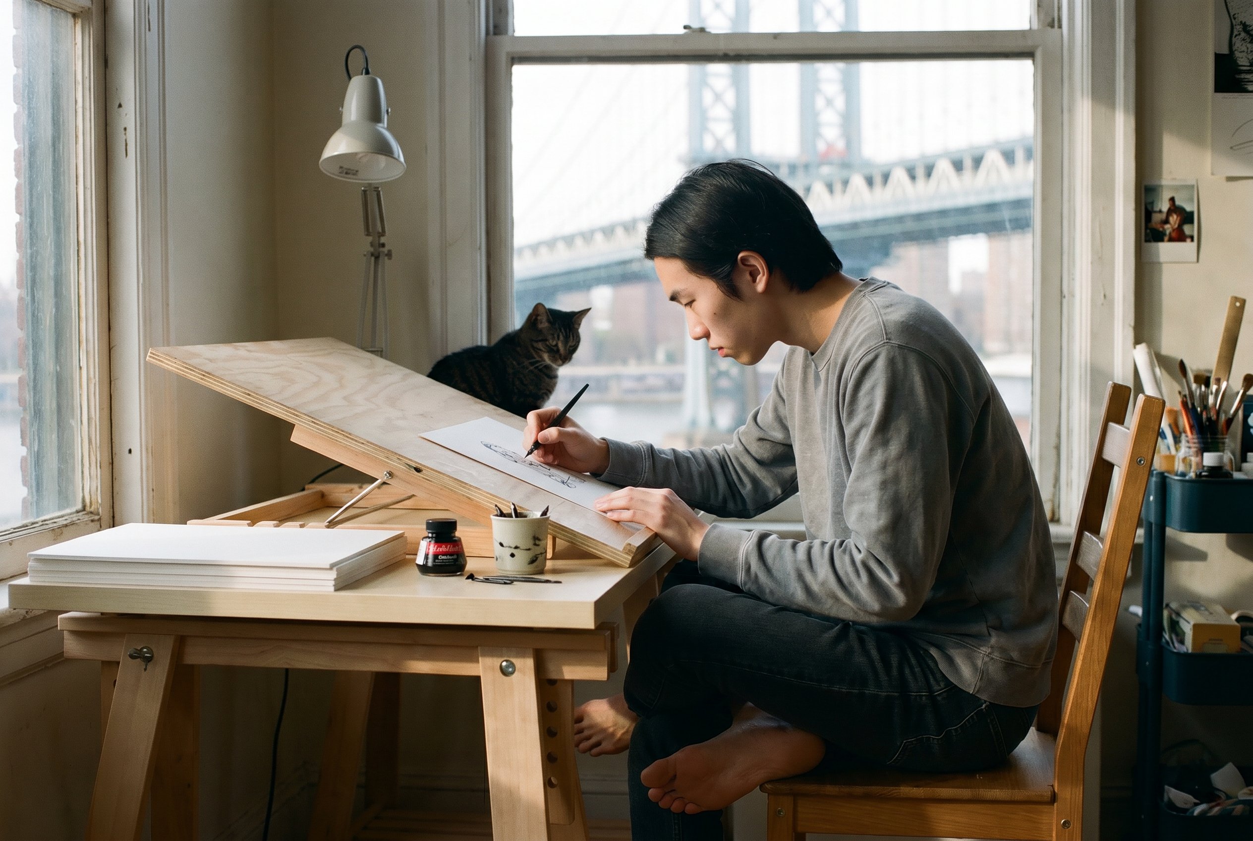 Drawing-desk by the window, ink-pen mid-page, the Manhattan-Bridge gusset visible through the window