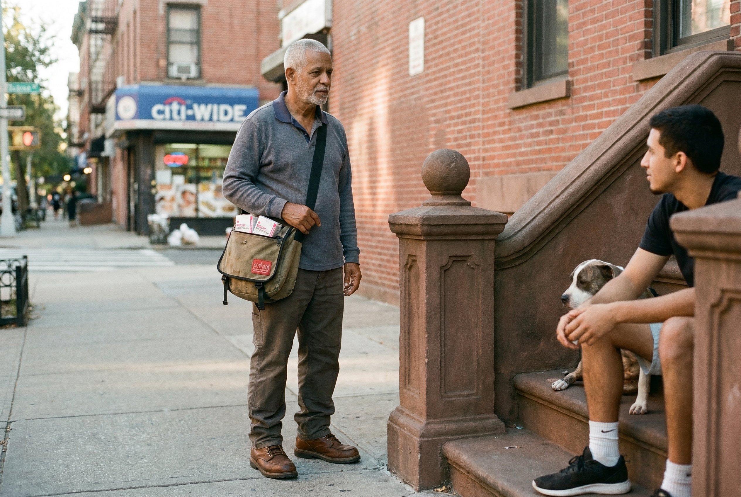 Avenue B streetwork, Narcan kits in the messenger bag, mid-afternoon shadow on the brick wall behind