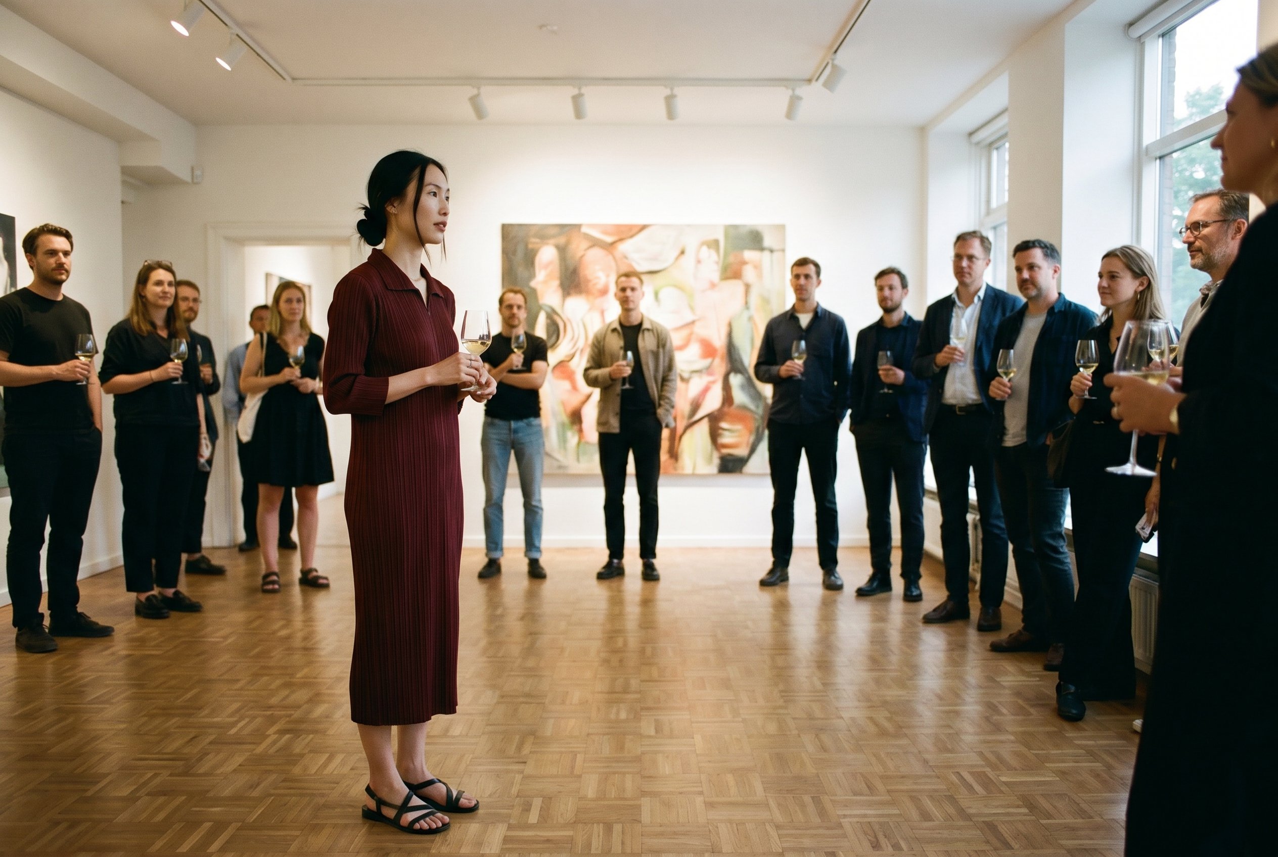 Bowery gallery opening, Issey-Miyake-style pleated dress in oxblood, holding a glass of natural wine, the artist's large-format painting in soft focus behind