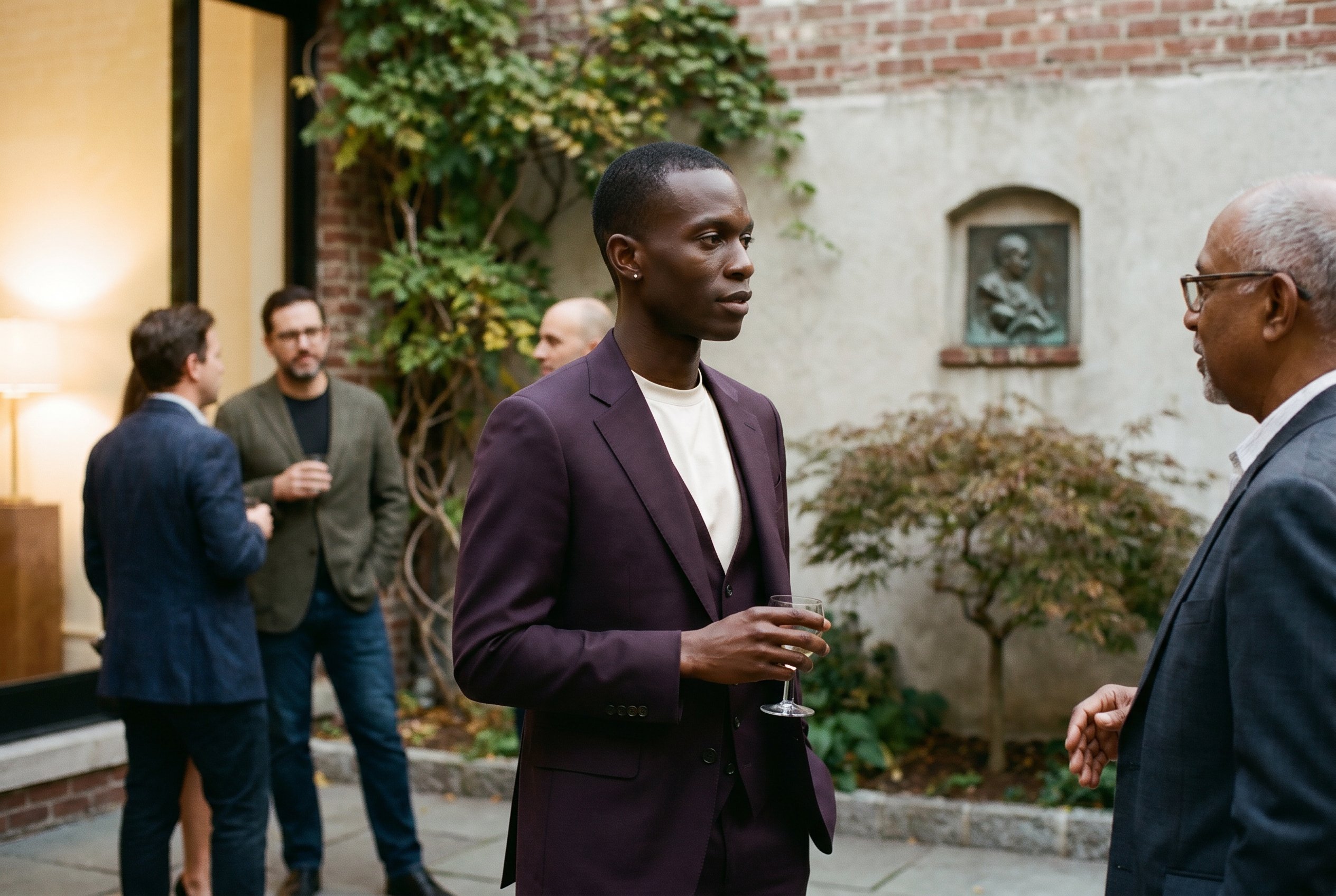 56 Henry-edge gallery courtyard, deep aubergine cut-and-sewn three-piece suit, holding a small wine-glass, conversation off-frame