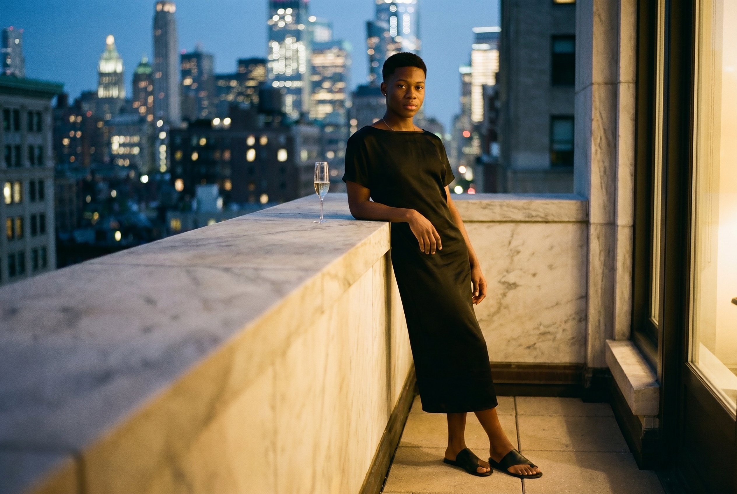 Tribeca penthouse wrap-around terrace, leaning against the marble parapet with the Manhattan skyline behind, champagne-flute resting on the stone