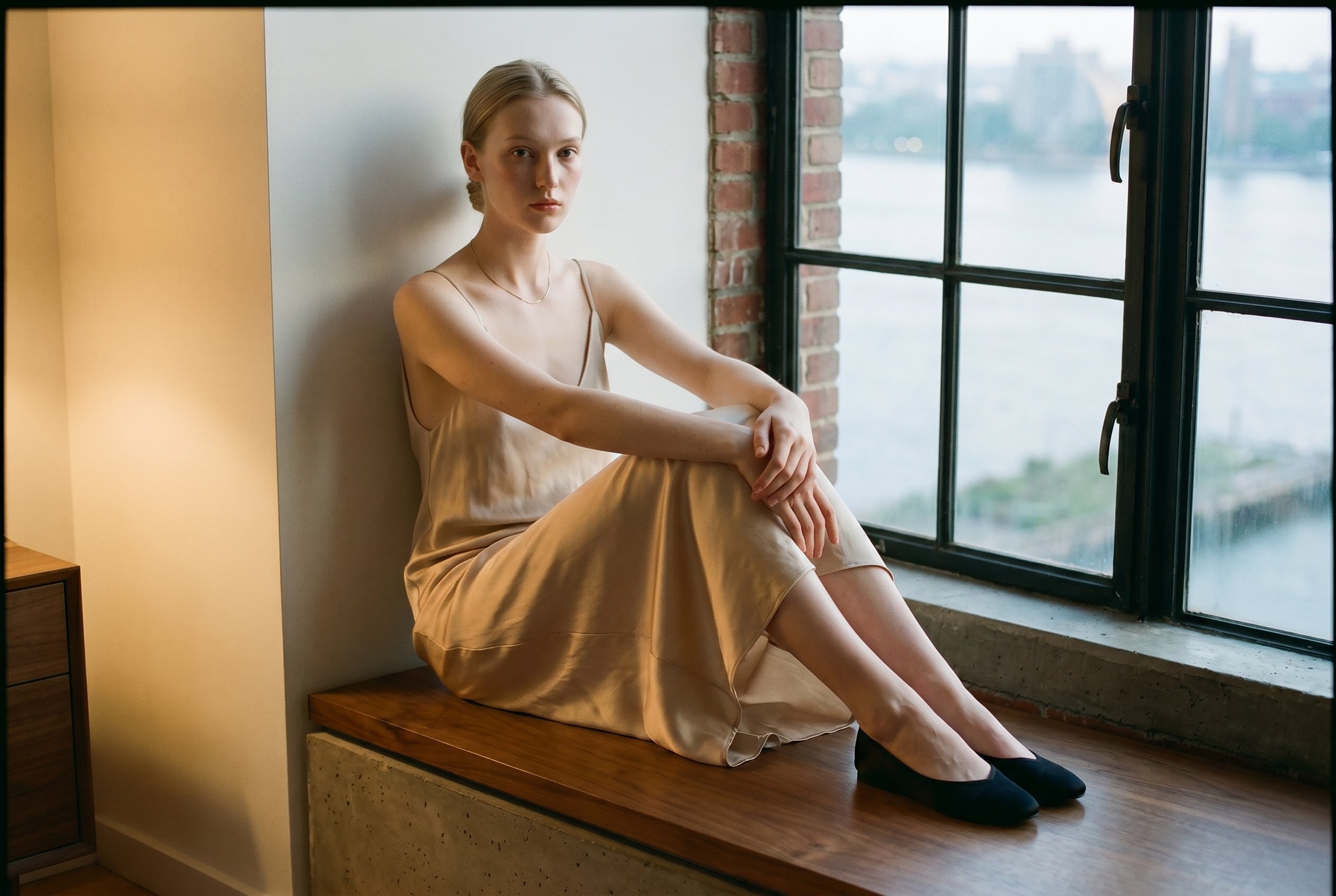 Tribeca penthouse interior, sitting on a low Donald-Judd-style window-bench at the north-facing window with the Hudson River behind, ankles crossed in the trained-ballet rest-position