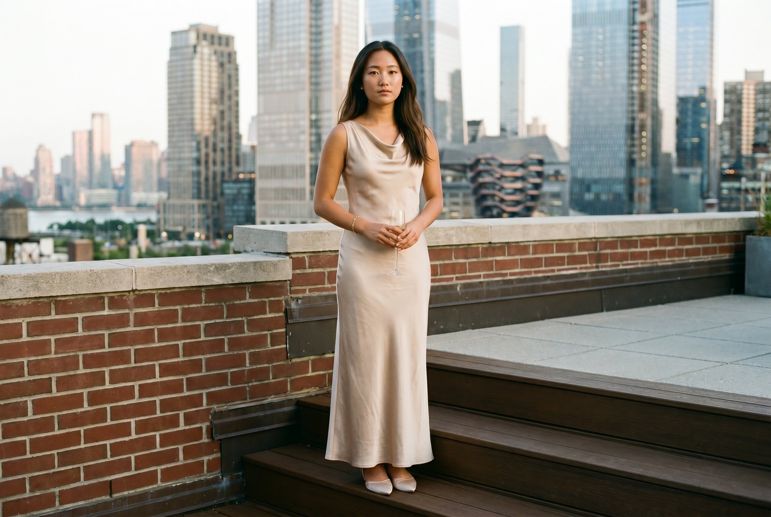 Tribeca penthouse west-facing terrace at the lower-step where the parapet drops a half-meter and the Hudson Yards skyline is the back-drop, standing with weight on the right foot, champagne-flute held two-hand-low against the dress in the new-face still-uncertain-with-the-glass way