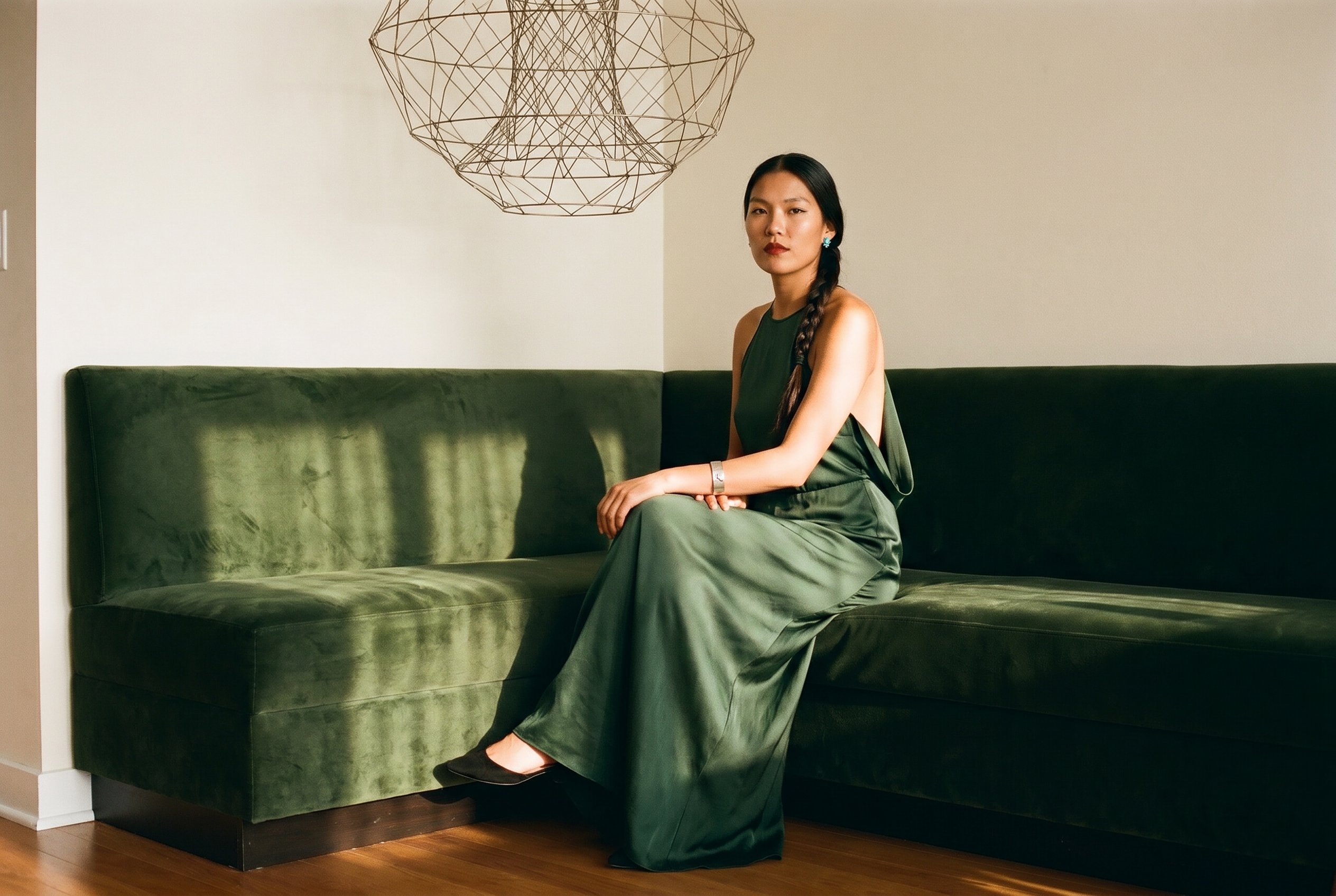 Tribeca penthouse interior corner where a low Ruth-Asawa-style hanging-wire-sculpture has been installed near a velvet banquette, sitting at the edge of the banquette with one foot on the floor and one knee folded under, the sculpture's shadow across the dress