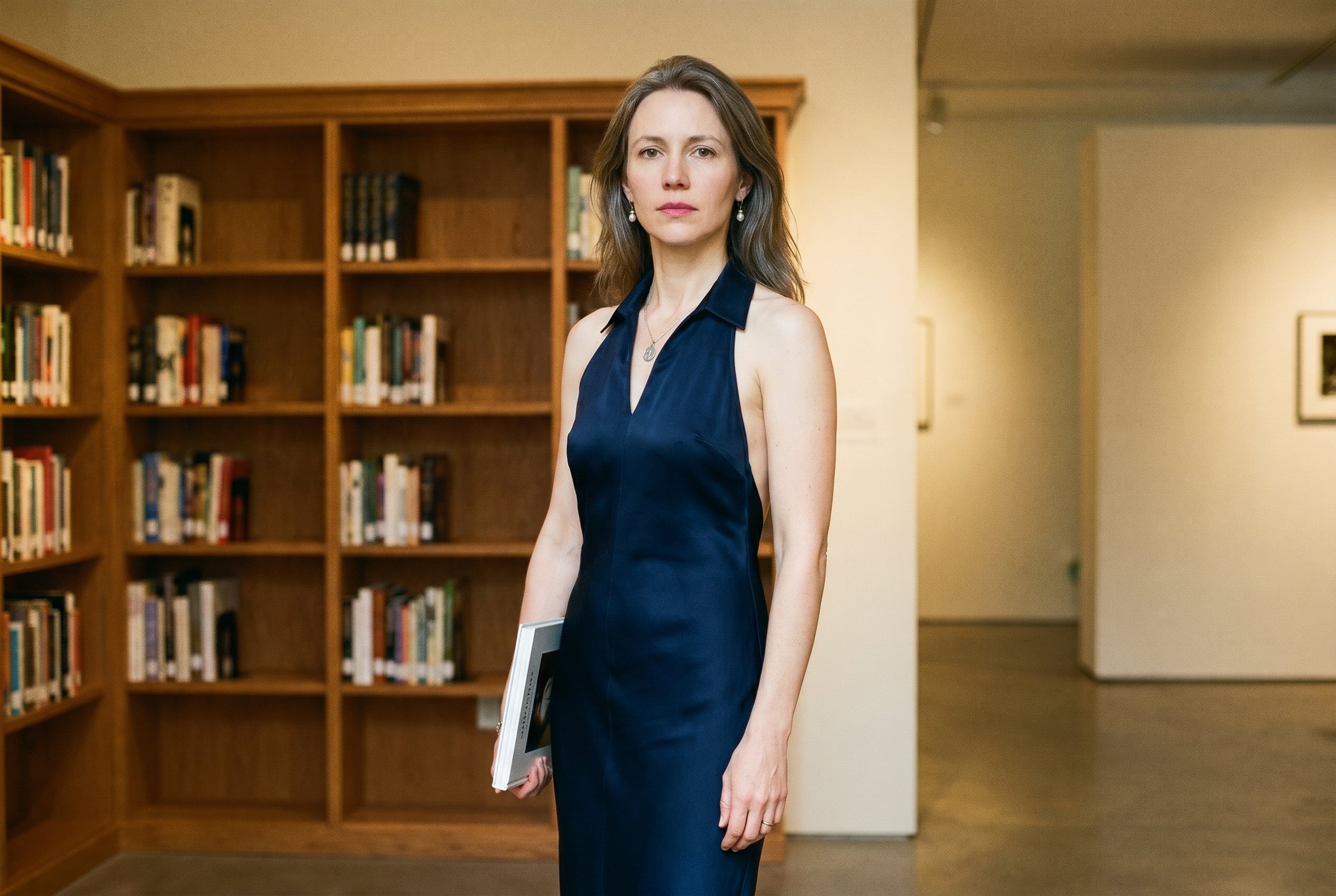 Bridget Donahue Bowery gallery main-room at a Thursday-night vernissage, standing alone at the corner where the gallery's small library-shelf-of-monographs has been left visible, a single book held lightly in the right hand at the hip, the room behind in soft fall-off