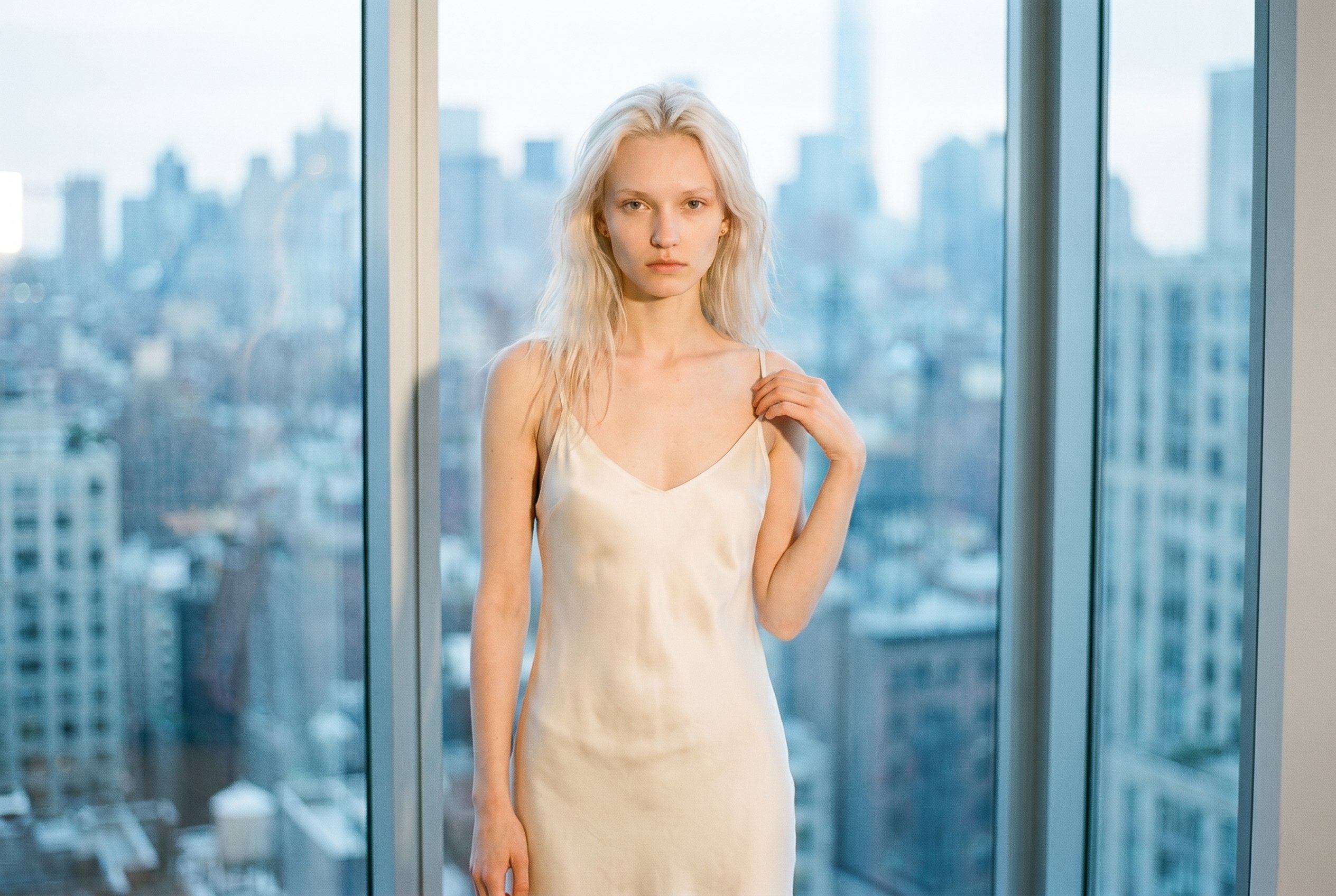 Tribeca penthouse interior, standing alone at the floor-to-ceiling window with the Manhattan skyline behind, one hand at her side and the other holding the dress-strap on her shoulder in the new-face still-adjusting-the-strap way