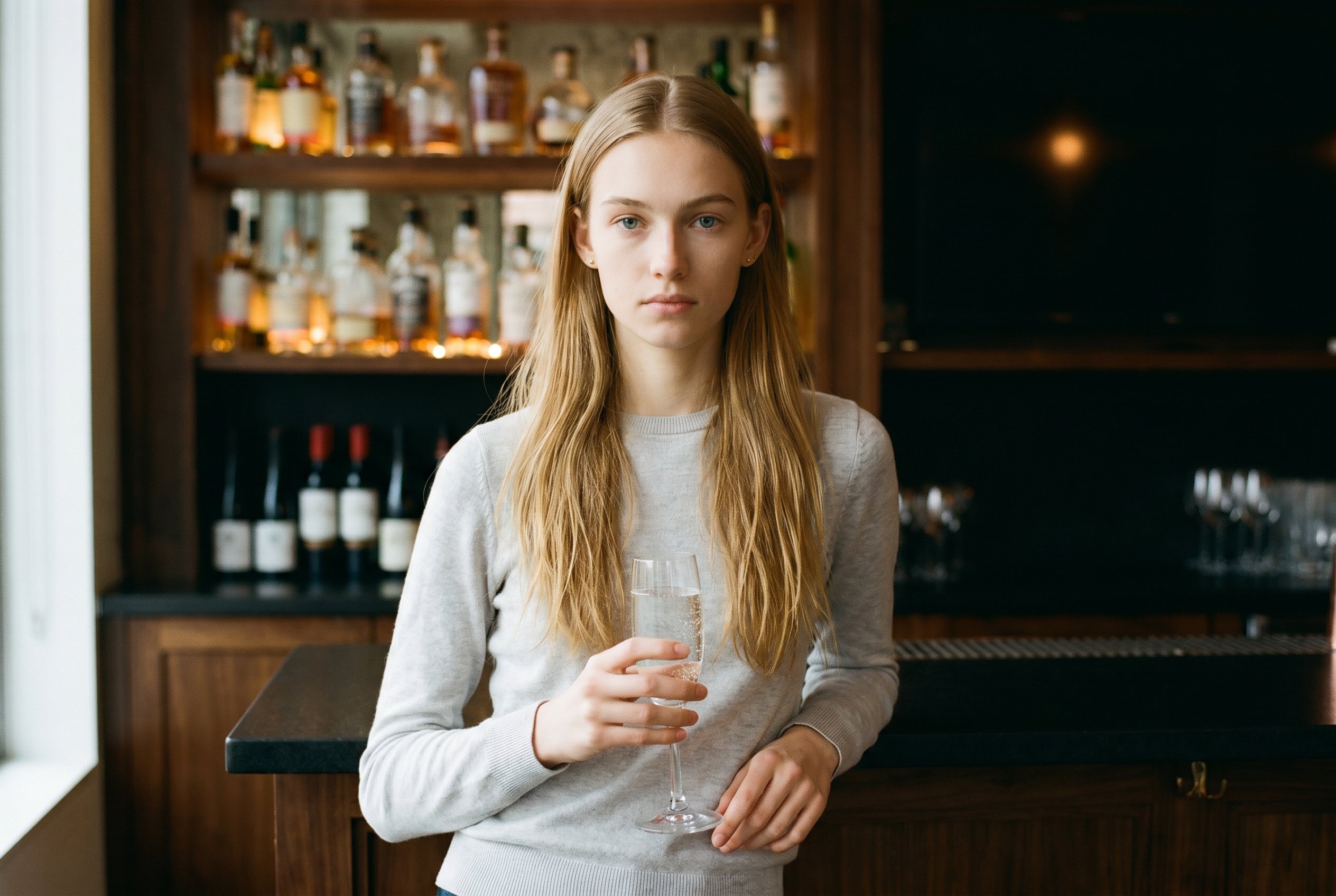 Tribeca penthouse interior bar-corner, leaning lightly against the dark-walnut bar-edge with a glass of sparkling-water in the right hand, the bartender's row of bottles in soft fall-off behind her shoulder
