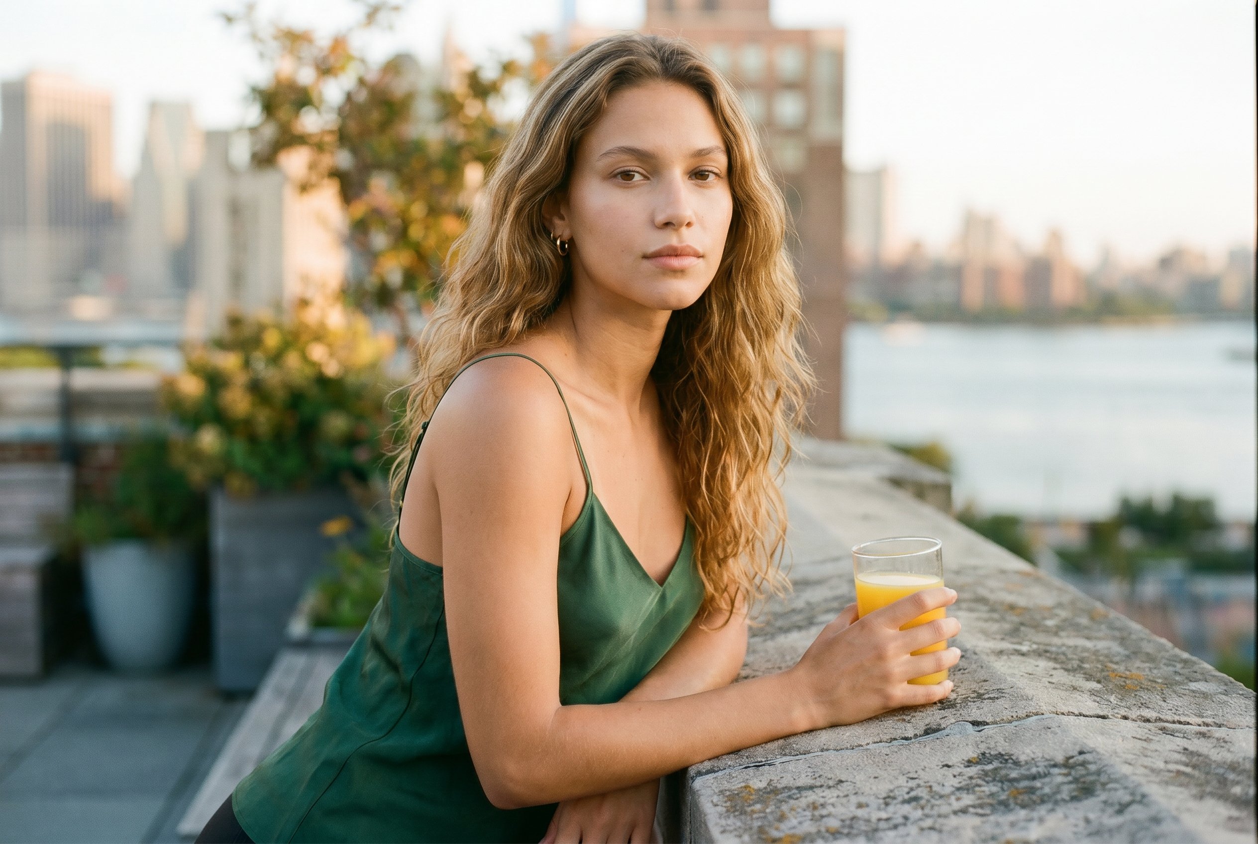 Tribeca penthouse east-facing-terrace corner near the planter-row, leaning lightly against the parapet-stone with a glass of orange-juice in the right hand and the East-River-skyline behind in soft fall-off