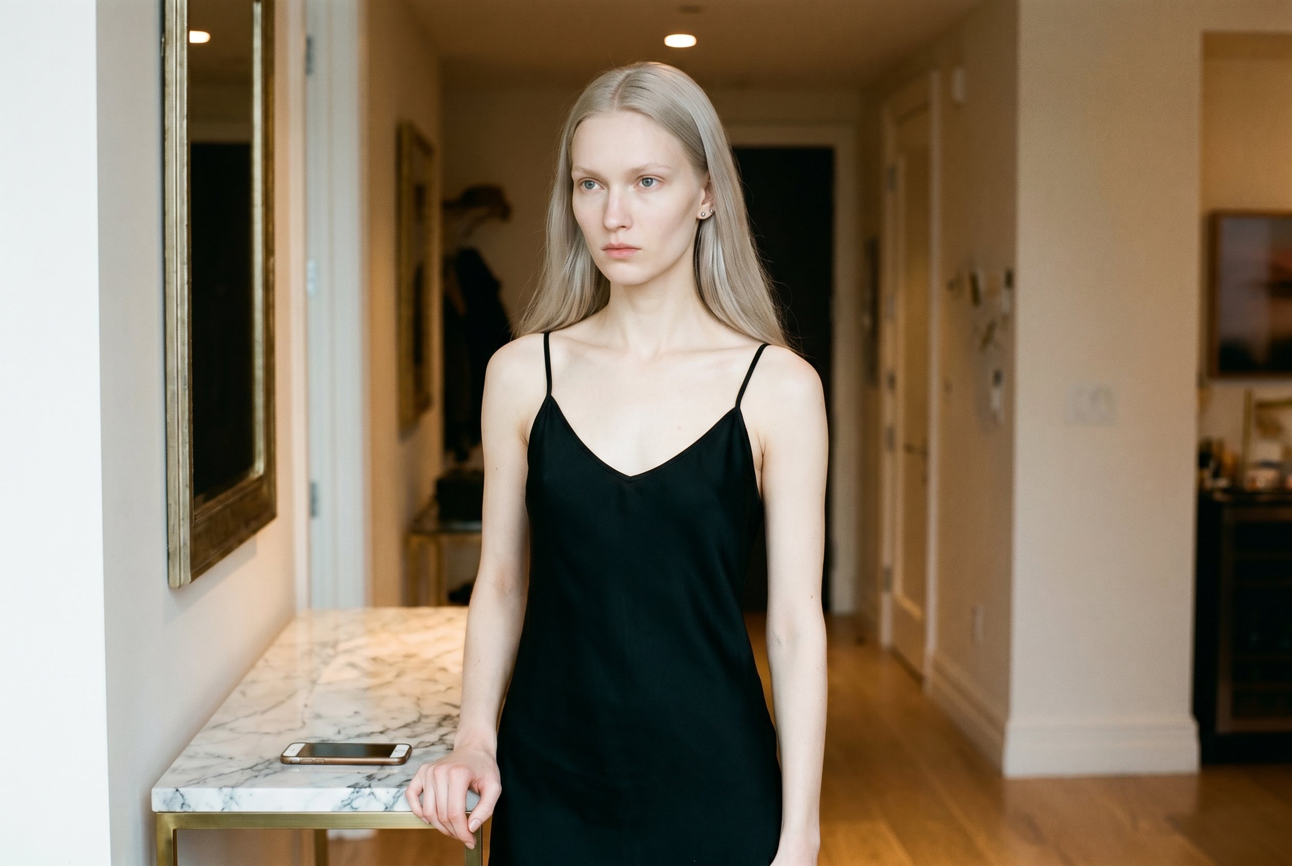 Tribeca penthouse interior corridor near the coat-check archway, standing alone with the dress-line-half-in-shadow and her phone screen-down on the marble console-table behind her, one hand resting on the console