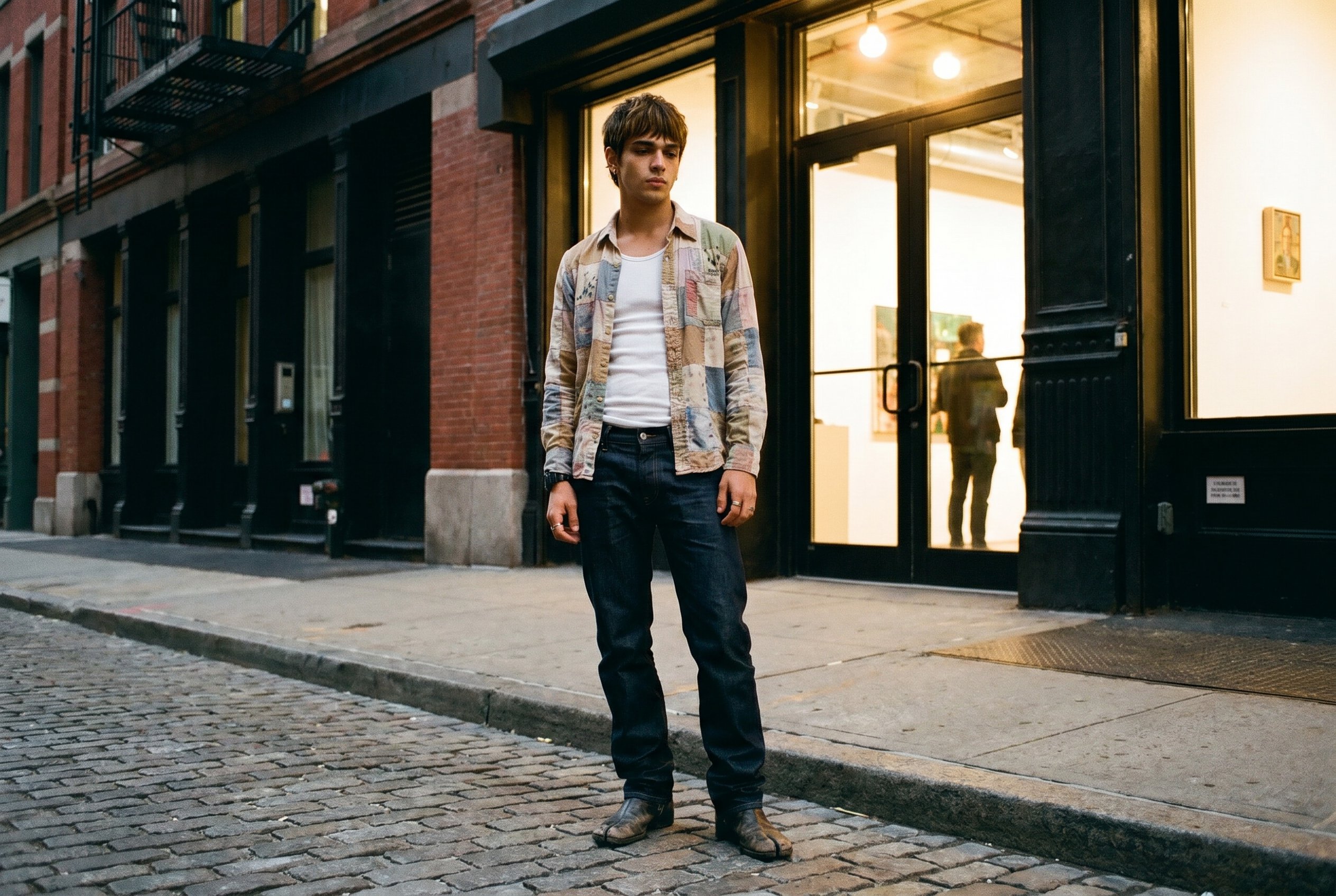 Meatpacking District Washington-Street storefront gallery exterior, planted on the cobblestone sidewalk just outside the door under the bare-bulb sign, weight on the back foot, the Bode-painted-patchwork-shirt half-open over the raw-hem white tank visible at the chest, looking down Washington Street with the i-D-direct downtown attention, raw-concrete-and-warm-tungsten-spill behind