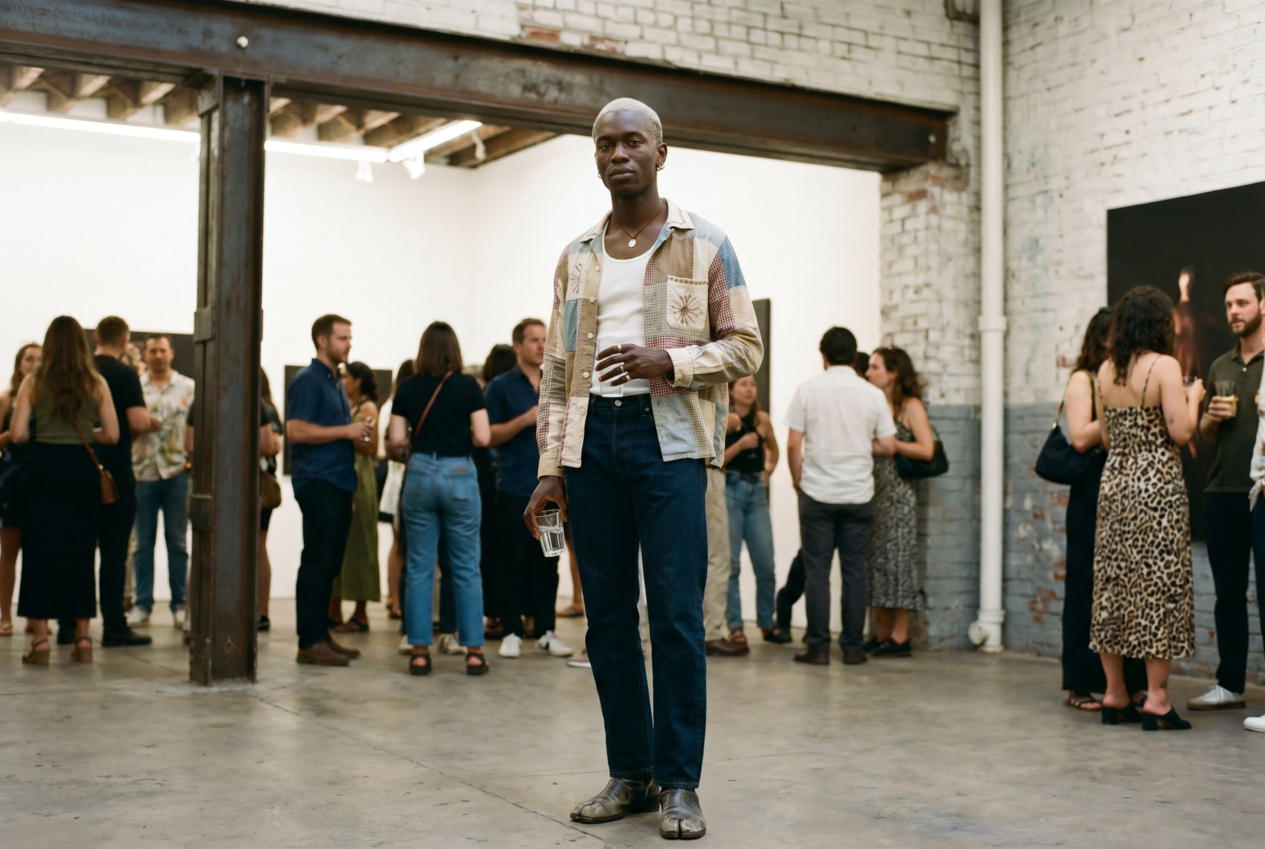 Meatpacking District Washington-Street storefront gallery interior, planted at the bar at the back of the room near a raw exposed steel I-beam, weight on the back foot, the Bode-painted-patchwork-shirt half-open over the raw-hem white tank visible at the chest, a glass of water in his left hand, the warm gallery-crowd in soft tungsten bokeh behind