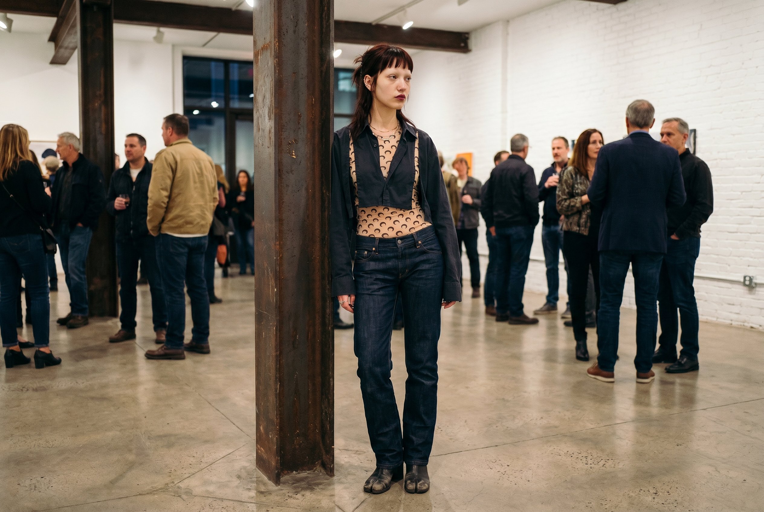 Meatpacking District Washington-Street storefront gallery interior, planted near the back wall by a raw exposed steel I-beam beside Andreea (041), weight on the back foot, the Marine-Serre-crescent-moon-mesh under the Margiela-MM6-deconstructed-shirt visible at the shoulder, looking past the camera with neither smile nor scowl, raw-concrete floor and warm-tungsten gallery-crowd in soft fall-off behind
