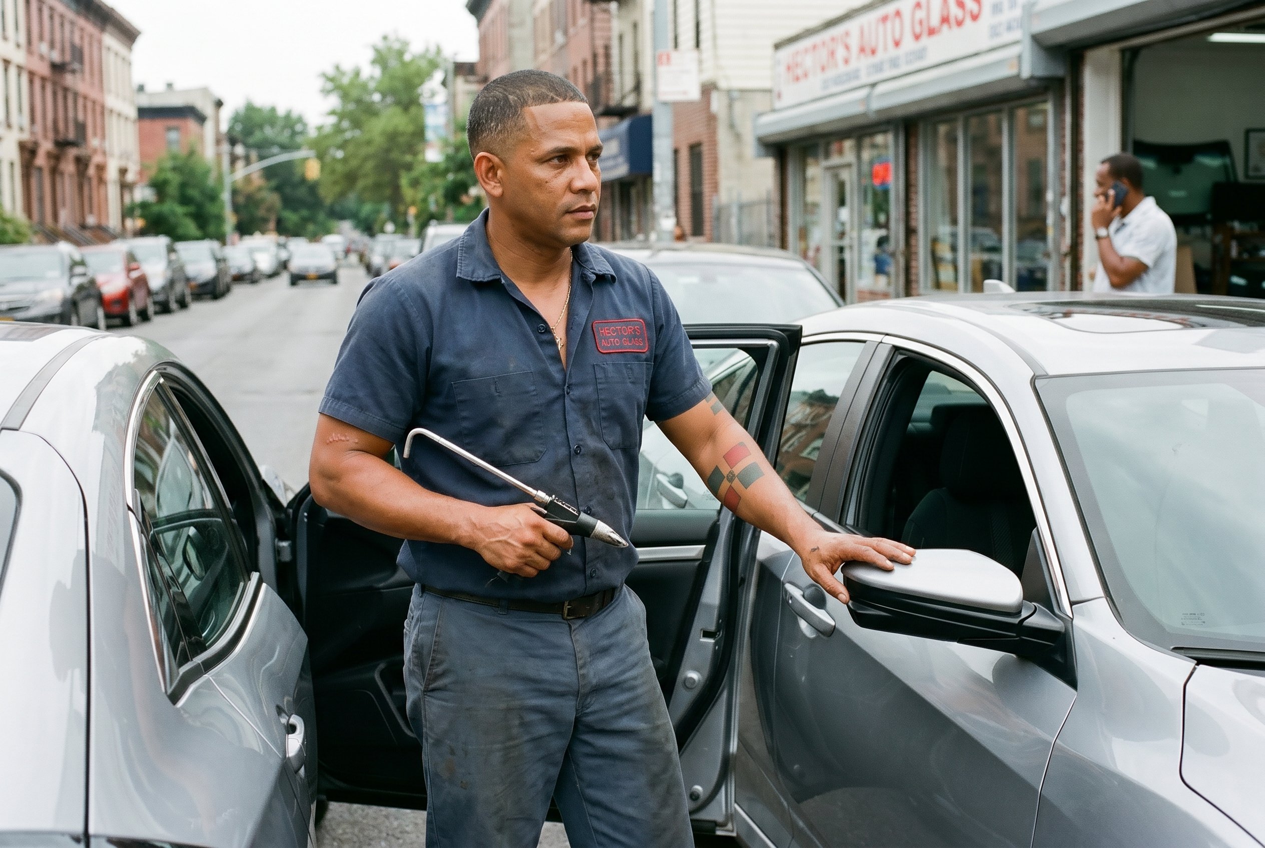 South 3rd Street between Bedford and Berry, 10:08 AM, mid-installation on a 2018 Honda sedan windshield, standing at the open driver-side door with the seal-line glazing-tool still in his right hand, half-attention on the customer at the curb, the navy Dickies workshirt and slate-grey workpants reading working-Tuesday, the small gold St-Christopher chain at the open collar catching the light, the uncle's auto-glass shop signage visible on the storefront behind him in soft fall-off