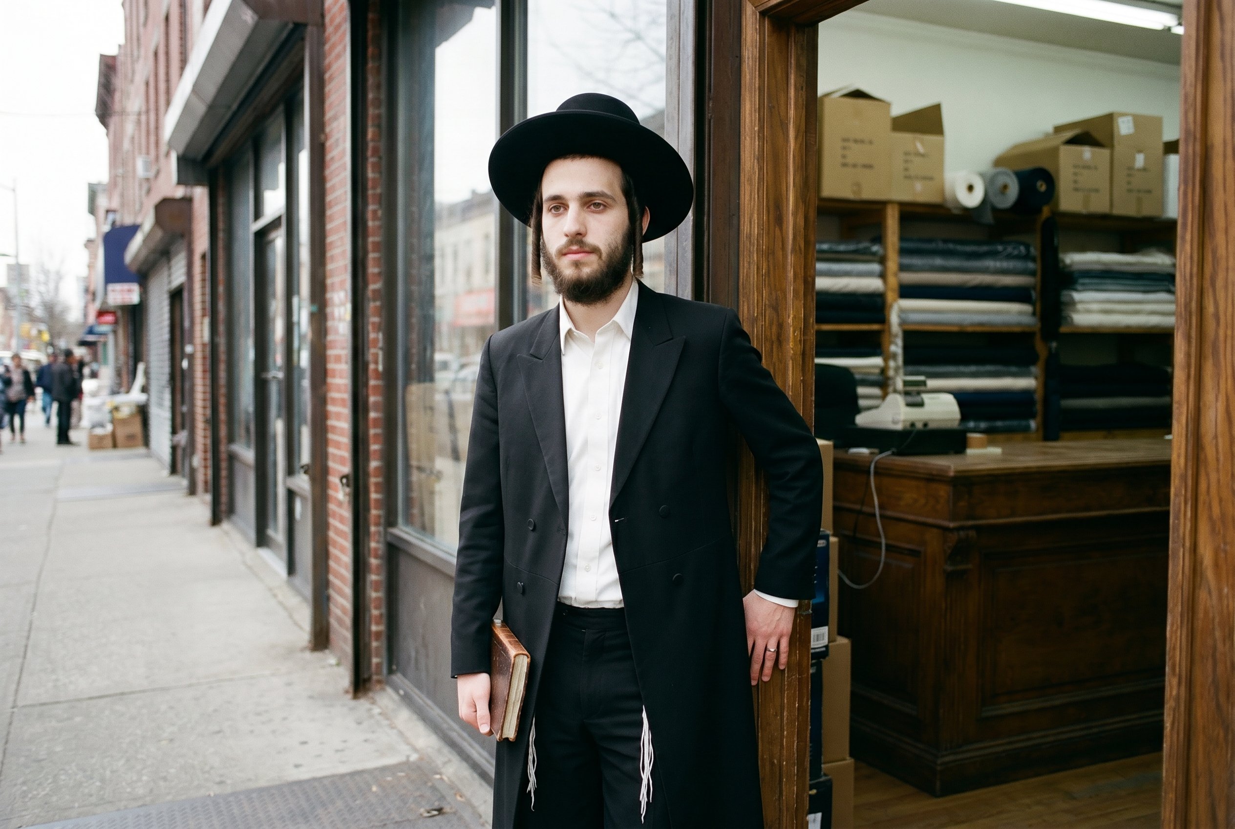 Lee Avenue and Hooper Street corner, 12:34 PM, standing in the open doorway of the family wholesale-goods-and-textiles import-business, the long black bekishe coat open over the white collared shirt and the black trousers, the brim of the black hat catching the midday Lee-Avenue light, a small leather-bound ledger in his left hand, half-turned three-quarters toward camera with the unbroken-three-generation-Lee-Avenue-commercial-corridor steadiness, the shop-interior with the bolted-textile-rolls visible in soft warm-grey fall-off behind him