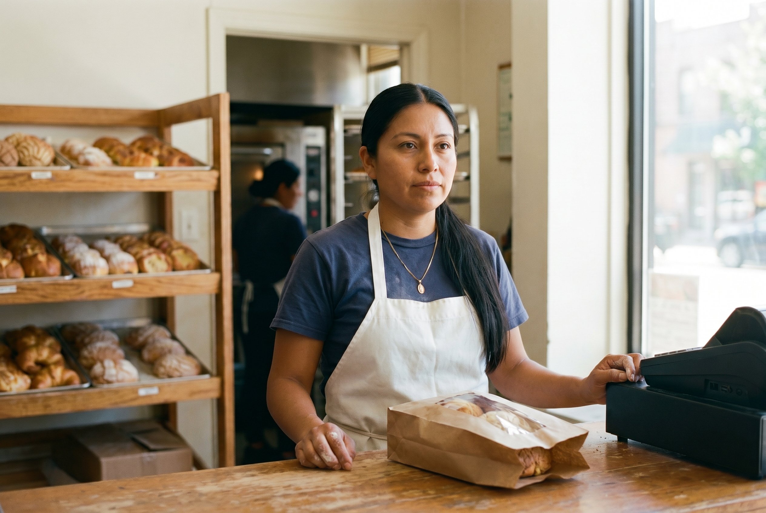 South 4th Street between Berry and Wythe, 10:32 AM, standing behind the panadería front-counter with a customer's pan-dulce-order bag on the counter between them, the clean white panadería apron over the dark jeans and the faded navy T-shirt, the small inherited Virgin-of-Guadalupe-pendant on a thin gold chain at the open collar visible, the wooden pan-dulce-tray-rack with the conchas and the orejas and the cuernos in soft warm fall-off behind her left shoulder, the morning Williamsburg-South-4th-Street light coming in through the front window from camera-front-right