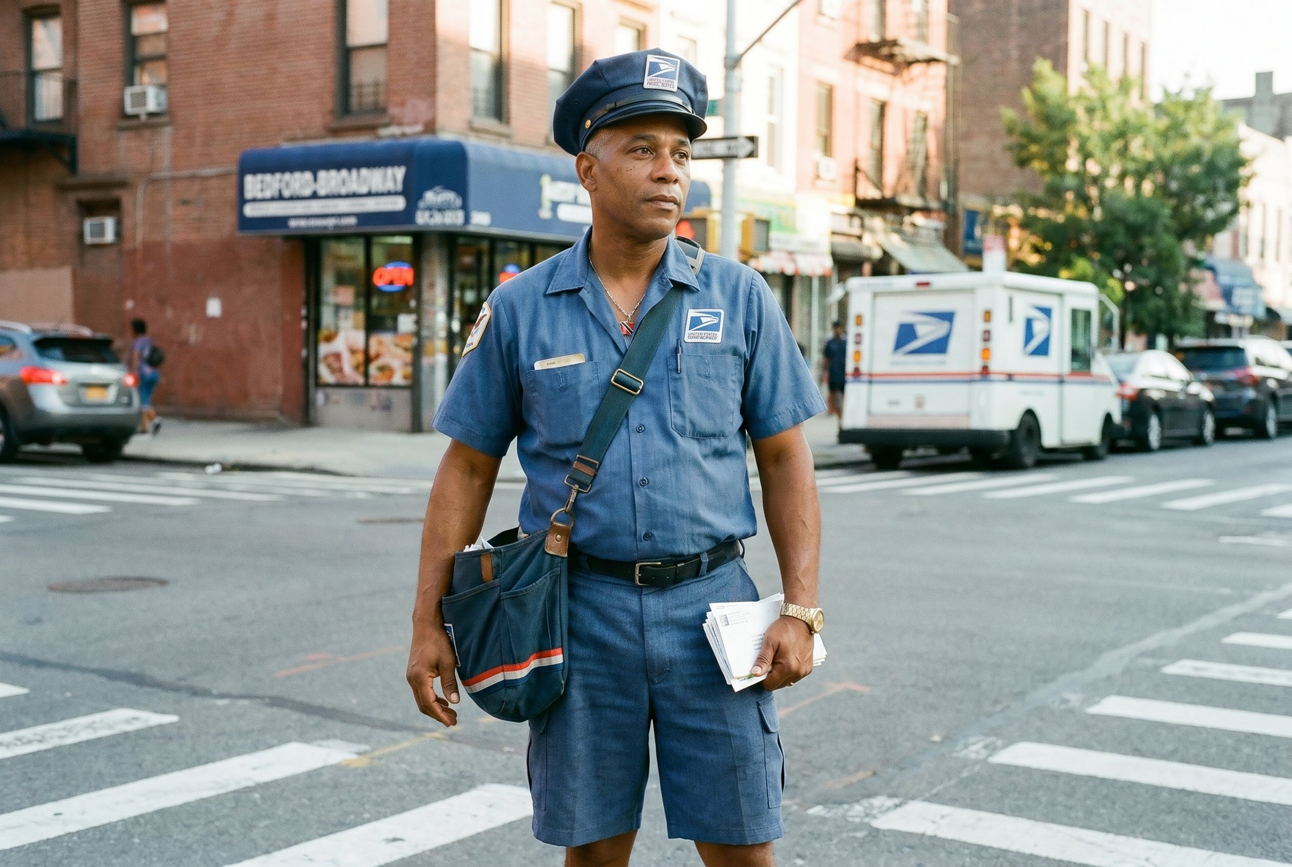 Bedford Avenue and Broadway corner, 13:47 PM, mid-route on the southbound Williamsburg-South-Bedford-Broadway-to-Driggs leg, the USPS-uniform-blue short-sleeve and the dark-blue regulation shorts and the black walking-shoes, the gold-watch on the right wrist visible at the cuff, the regulation USPS letter-carrier-satchel slung diagonal across the chest, a small bundle of letters in the left hand for the Bedford-Avenue-and-Broadway storefront-mailbox-line, half-turned three-quarters toward camera with the sixteen-years-on-the-same-route steadiness, the Williamsburg-Bedford-Broadway-intersection traffic and the brick-fronted Bedford-Broadway storefronts in soft warm-grey fall-off behind him
