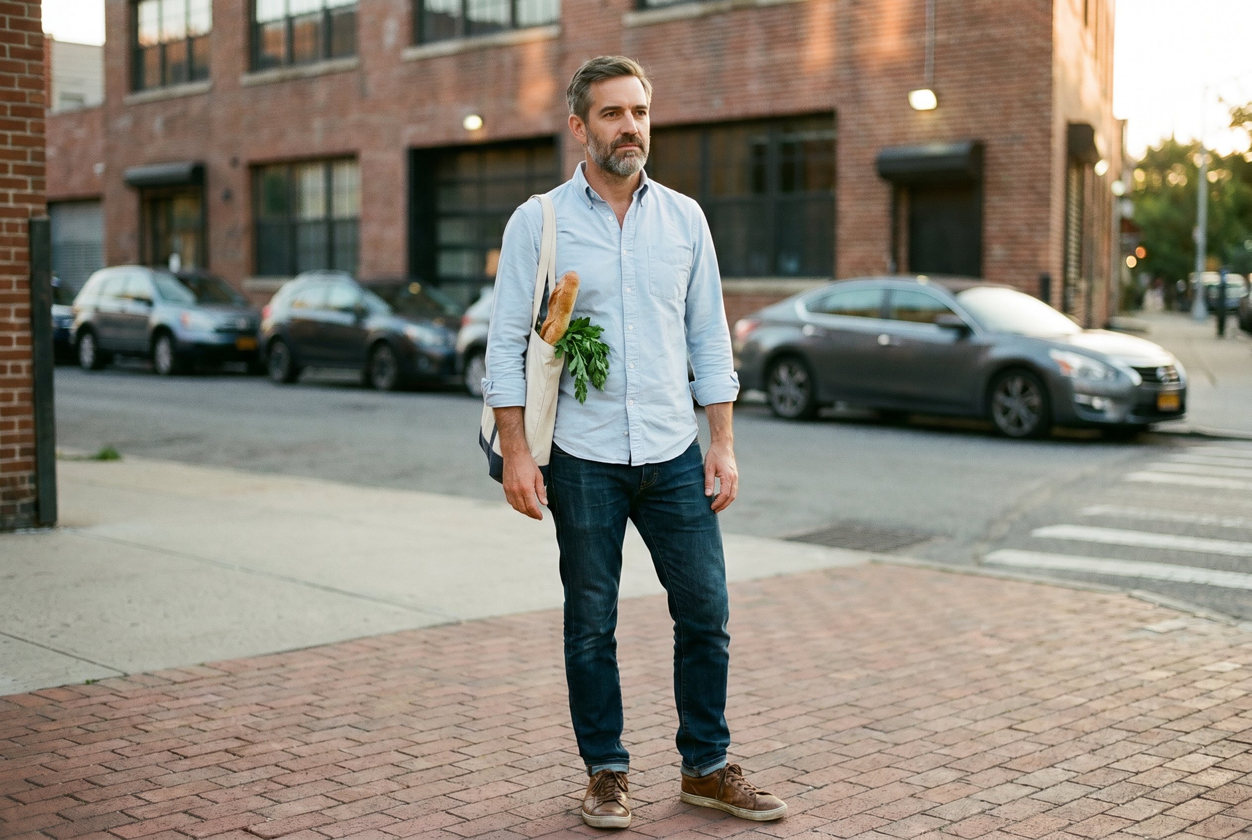 Wythe Avenue and North 11th, 17:42 PM, standing on the sidewalk outside his 2009-converted-warehouse loft building with a canvas tote of Williamsburg-Bedford-grocery from the Northside-Williamsburg-grocery on his left shoulder, the 2009-vintage Norse Projects oxford shirt and the dark-indigo APC New Standard denim and the worn brown Common-Projects-original-2009 leather sneakers visible head-to-toe, the 2010-Hermès-belt at the waist, half-turned three-quarters toward camera with the original-2007-arrival who-stayed-and-raised-his-kids-on-Bedford-Avenue steadiness, the brick-fronted 2009-converted-warehouse-loft-building plus the Wythe-Avenue-corner-traffic in soft warm fall-off behind him