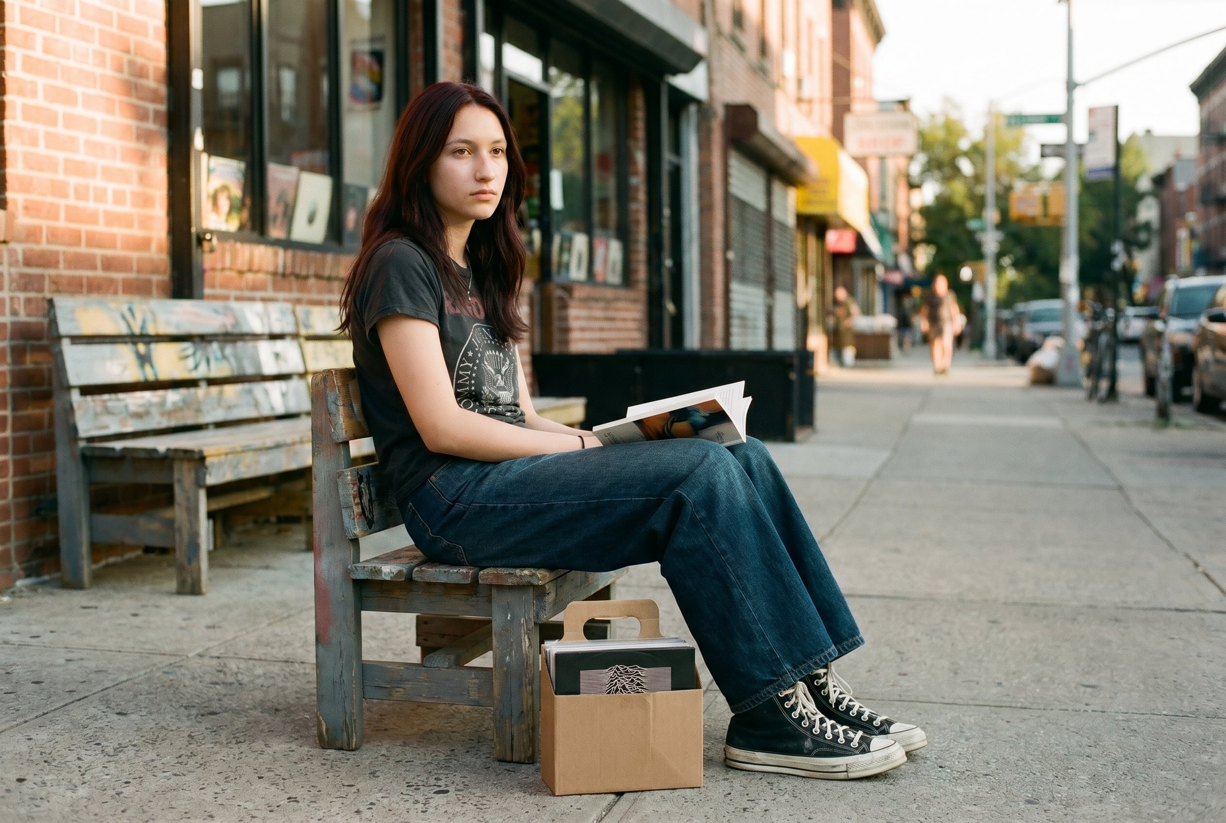 Bedford Avenue between North 7th and North 8th, 16:18 PM Friday afternoon, sitting on the painted-wood bench outside the Williamsburg-Bedford-Avenue-vintage-record-shop with a 2025-paperback open on her lap and a small Williamsburg-Bedford-Avenue-Tower-Records-Williamsburg-cardboard-shop-tote between her ankles, the actual current-2026-Ramones t-shirt and the low-slung dark-indigo Acne-wide-leg-denim and the scuffed black Converse-Chuck-70-high-tops visible head-to-toe, the single thin silver-chain at the collarbone catching the late-afternoon Williamsburg-Bedford light, half-turned three-quarters toward camera with the I-was-born-on-this-block-and-this-is-just-my-block steadiness, the Williamsburg-Bedford-storefront-row and Friday-afternoon Bedford-foot-traffic in soft warm fall-off behind her