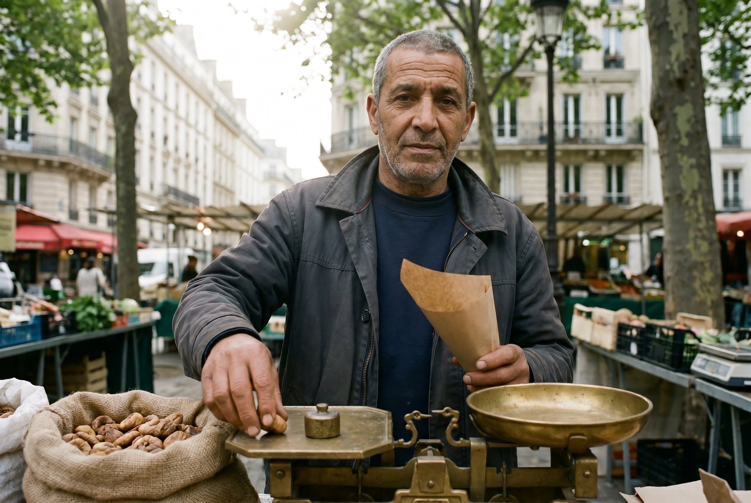 Closeup — Karim at the Marché-de-Belleville Rue Ramponeau corner mid-weighing dried figs into a brown paper-cone with the brass beam-balance scale, the inside-collar carrying the faded red Tarbouche-thread visible only in the weighing-light