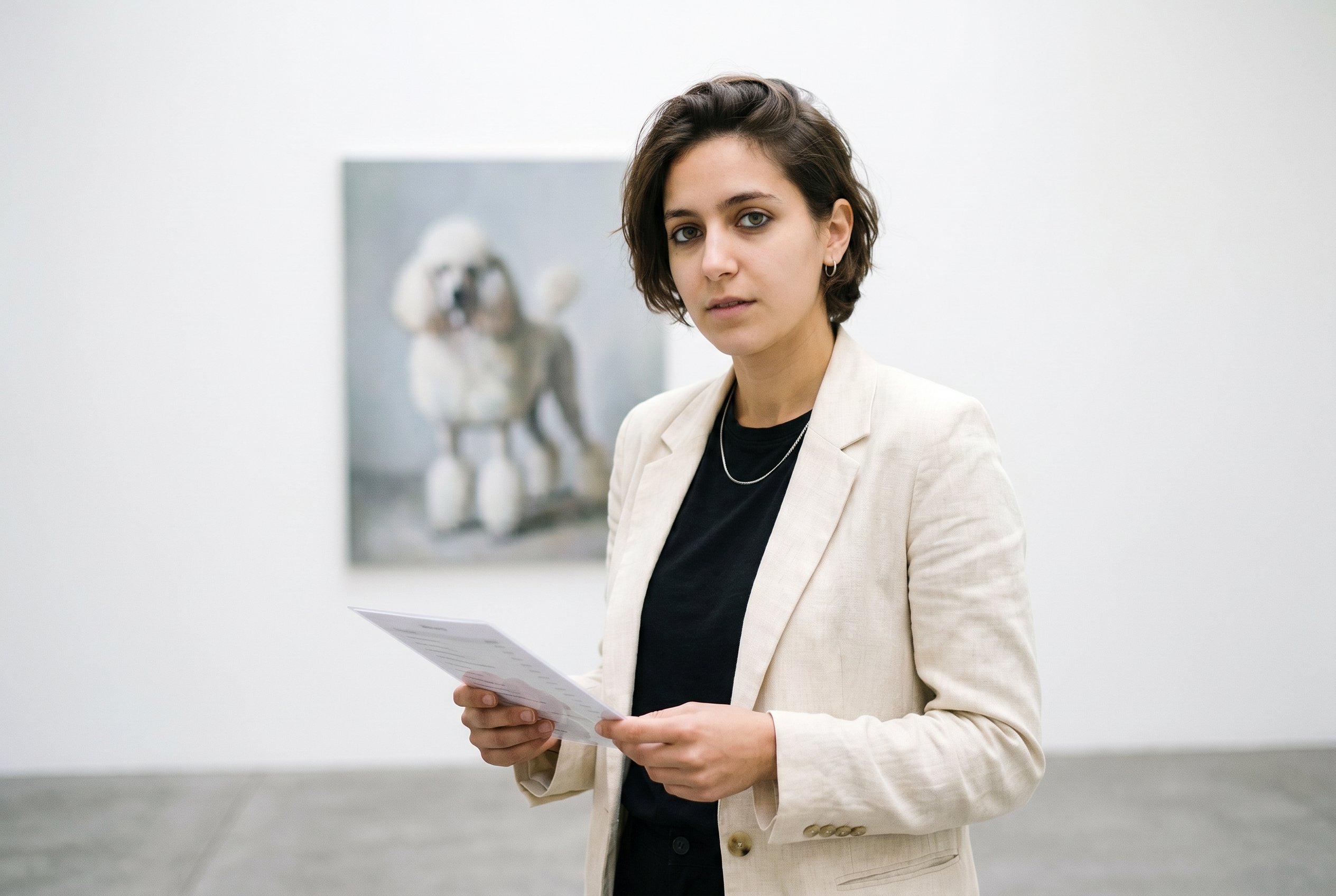 Closeup — Aïcha on the Perrotin Gallery floor during the Susumu Kamijo show installation, holding the show-checklist in both hands, a Kamijo poodle-painting in soft focus behind her on the white-cube wall
