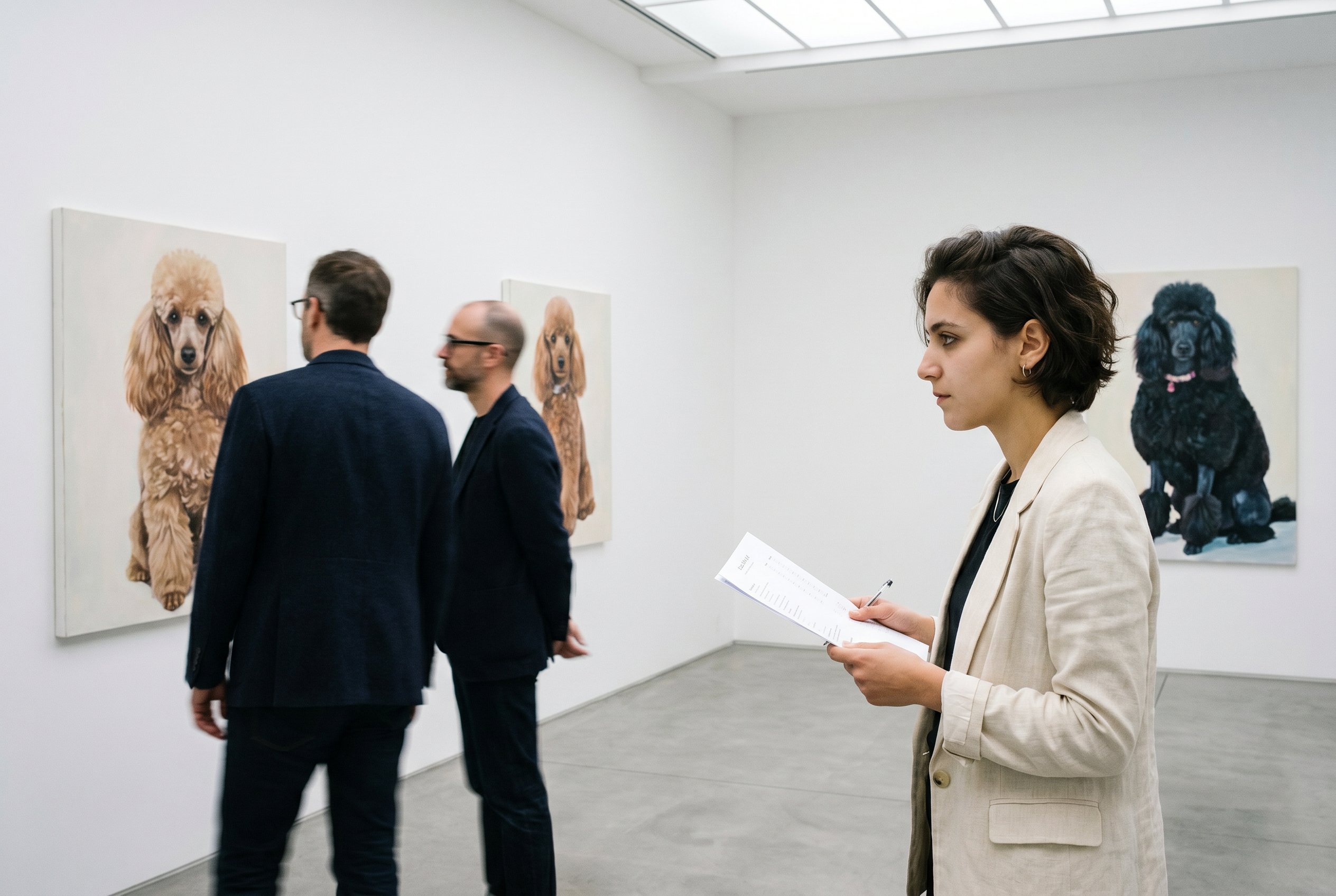 Context — the wider Perrotin Marais white-cube room with three Kamijo paintings on the walls plus two collector-coded visitors in soft focus at the left of frame, Aïcha at the right at the wall with her checklist