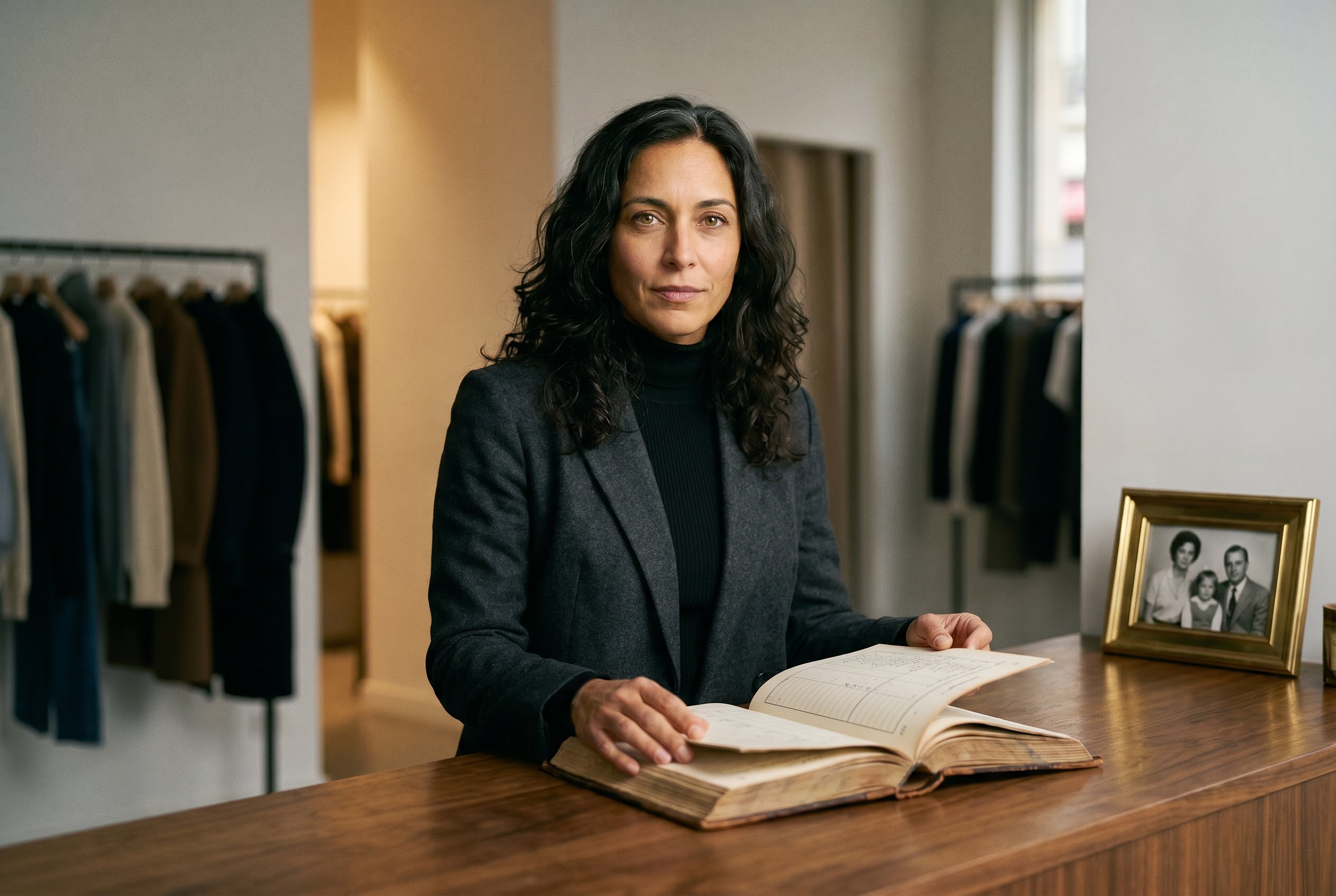 Closeup — Sylvie at the polished walnut sales-counter holding the original 1979-Pigalle boutique-inventory book open at page 47 (the last page her mother's handwriting fills), the boutique-walls in soft focus showing the independent French mode-racks plus a brass family-photograph-frame