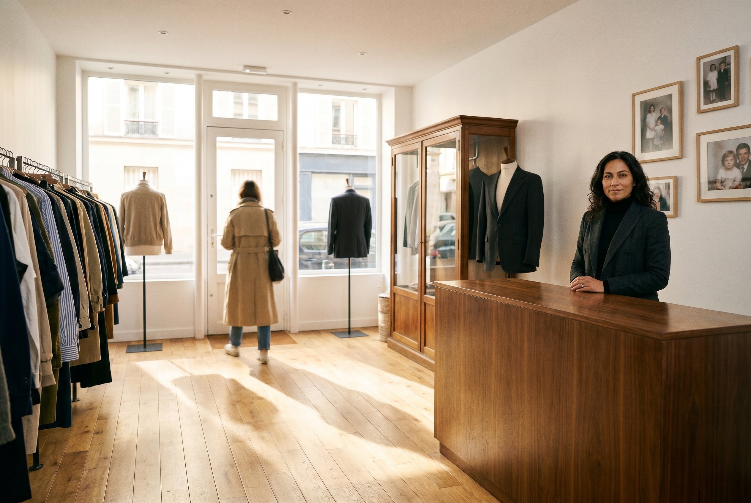 Context — the wider boutique-interior with two front-window-light beams crossing the polished oak-plank floor, racks of independent French mode-pieces along the left-wall, the 1979-display-case at the back-wall, Sylvie at the right of frame at the walnut sales-counter