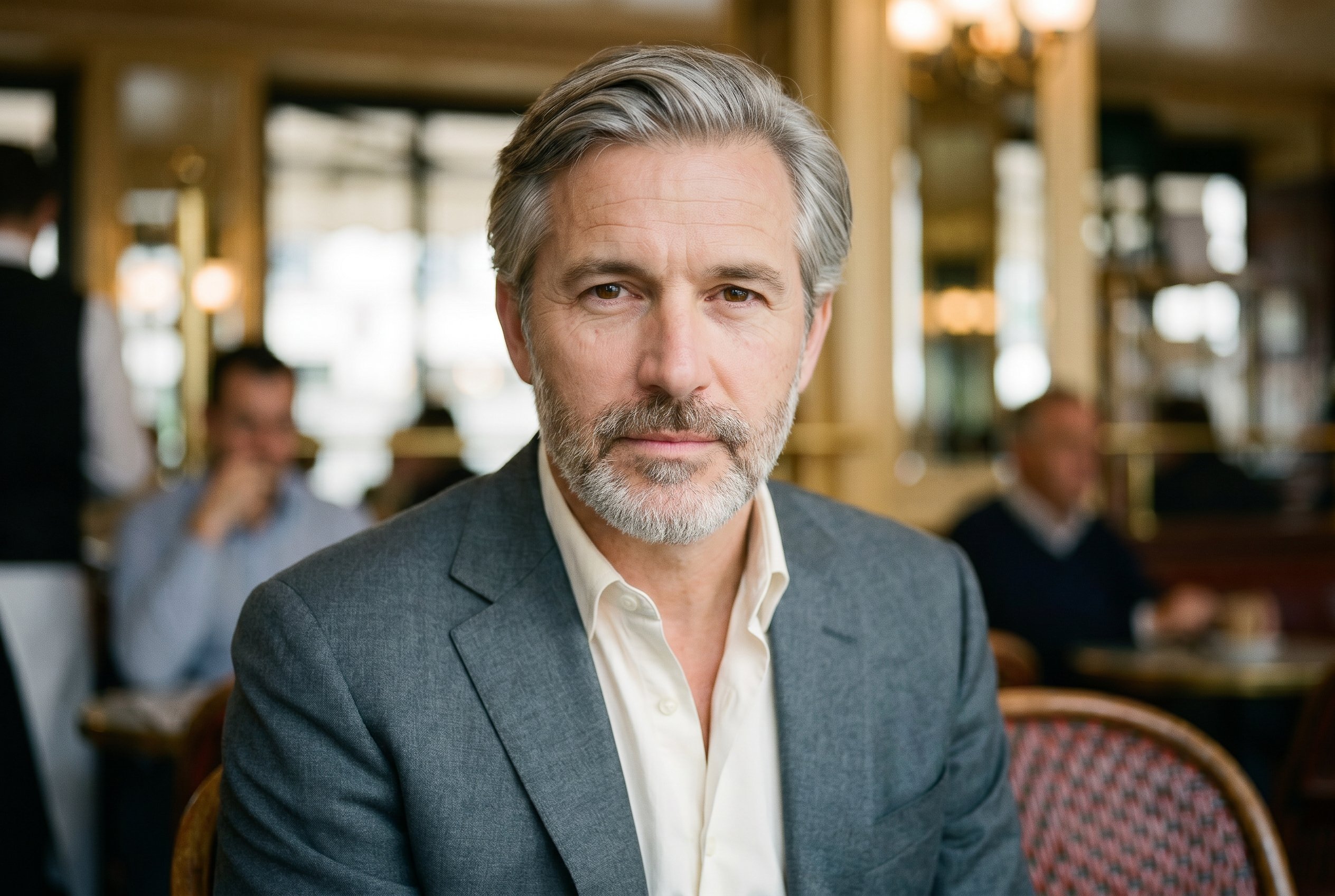 Closeup — Henri at the same Flore table, the warm brass-and-mirror Flore-interior in soft focus behind him, the Le-Monde plus the cortado plus the Persol PO-3007V readers on the marble