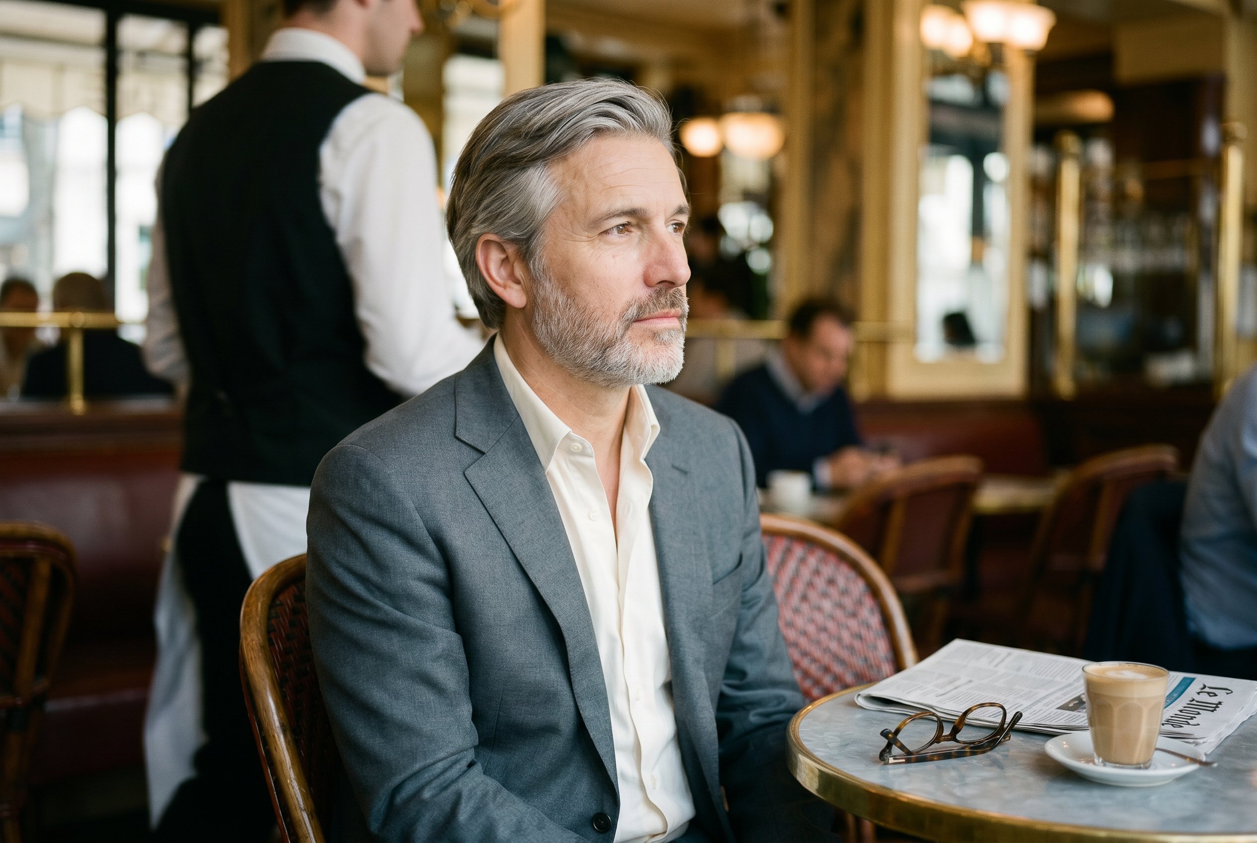 Context — wider Flore-interior with the inside-front-window-corner banquette, the carved wood-panel mirror, a Flore-waiter in black-vest-and-white-apron passing in soft focus mid-ground, Henri looking off-camera toward Boulevard Saint-Germain with the twenty-eight-year-regular gaze