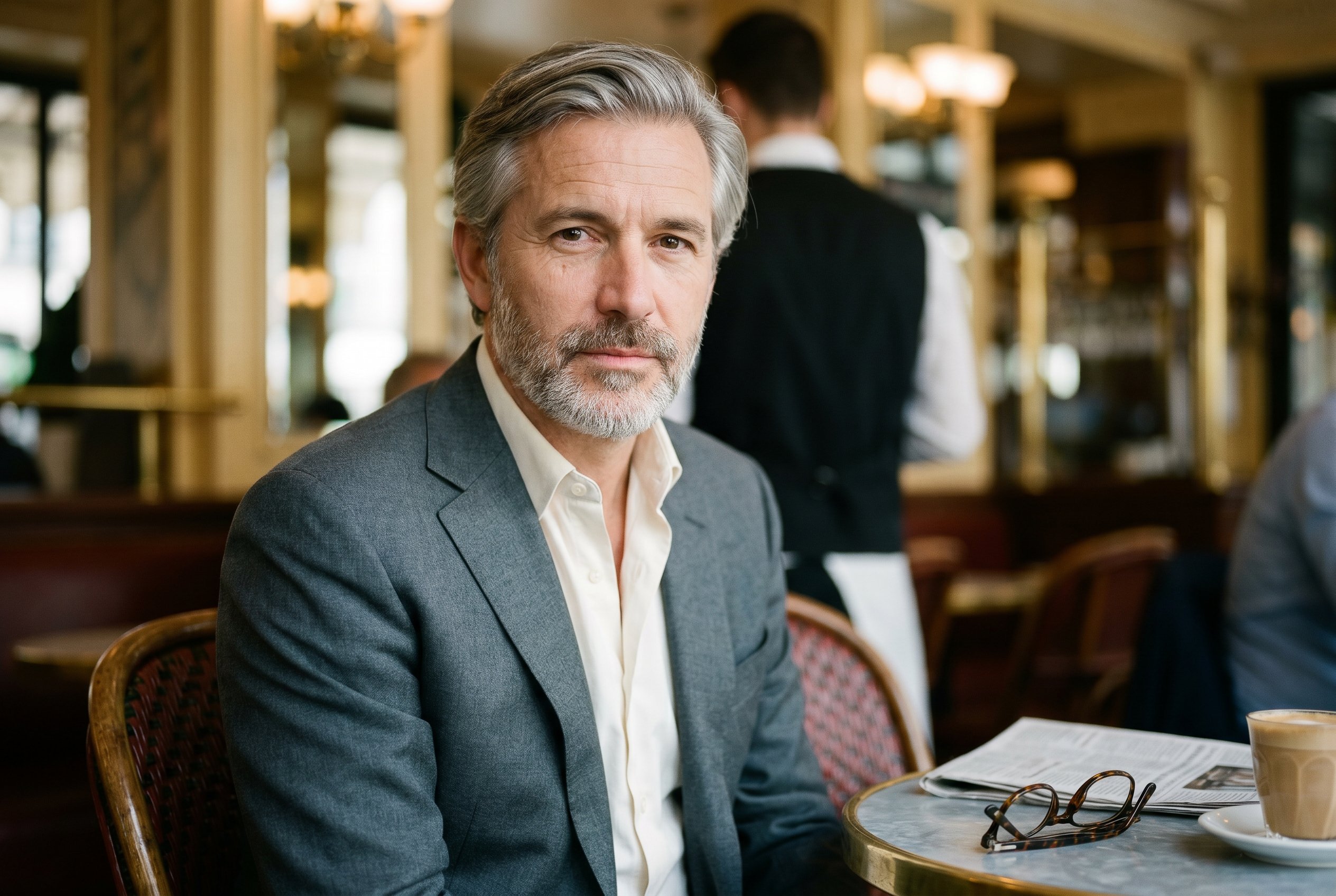 Portrait — Henri at the inside-front-window-corner zinc-marble table at Café de Flore, the Subject-Lock anchor for the wider context-frames below