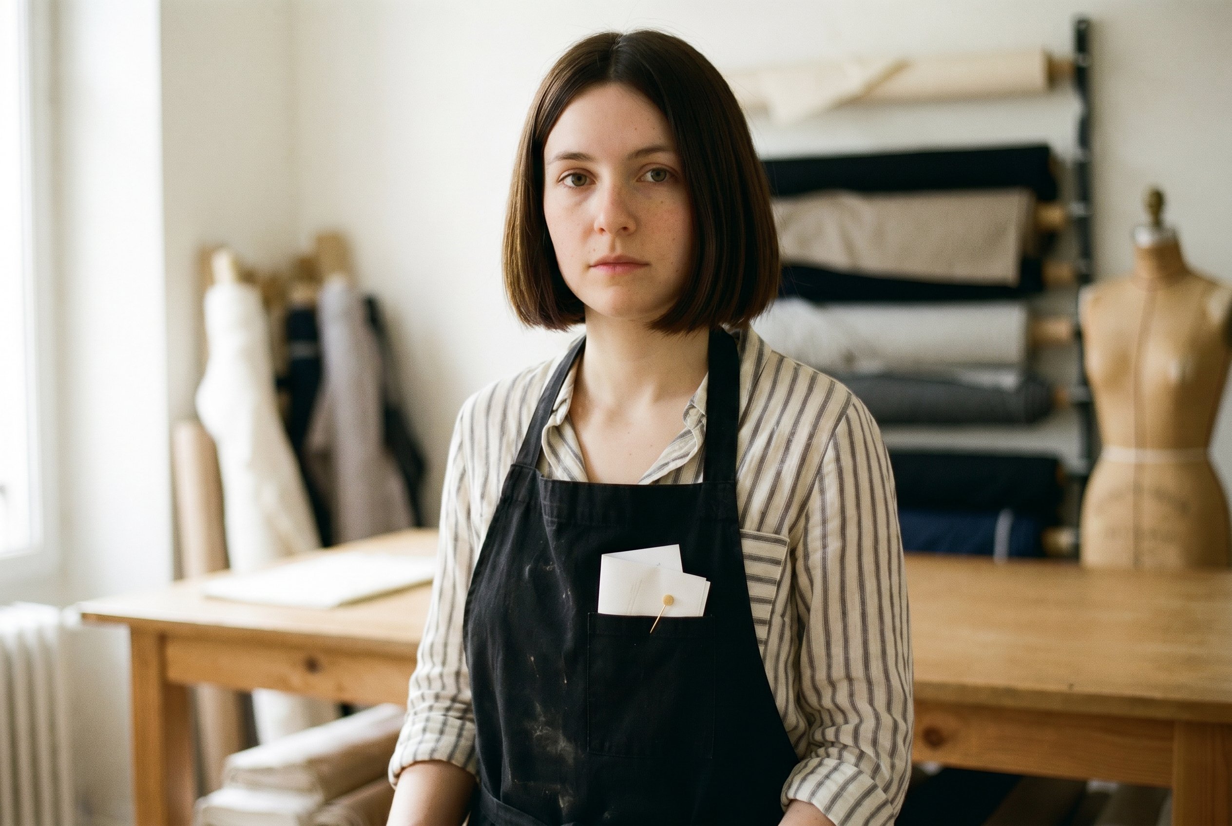 Closeup — Margaux standing at the cutting-table, the soft-focus rolls of unbleached Dhaka-cotton plus a wooden dress-form in the background, the long-line ink-black raw-cotton workshop-apron over the pin-stripe man's-shirt with the brass pin holding the folded letter at the apron-pocket