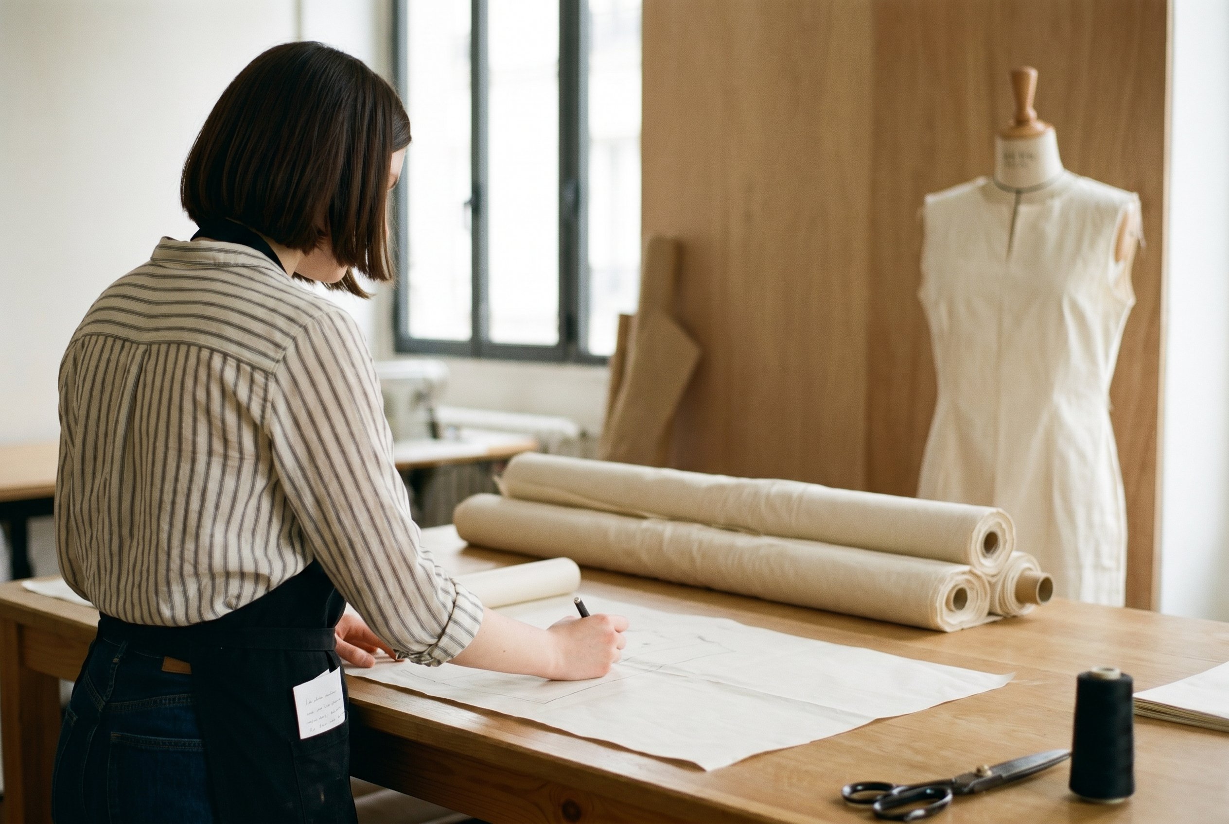 Context — wider atelier-frame, Margaux in three-quarter from behind at the cutting-table working with a pattern-paper-marker in the right hand, three rolls of Dhaka-cotton stacked behind her, a wooden dress-form with an unfinished raw-cotton dress, the Wiss-9 tailor's-shears at the table-edge