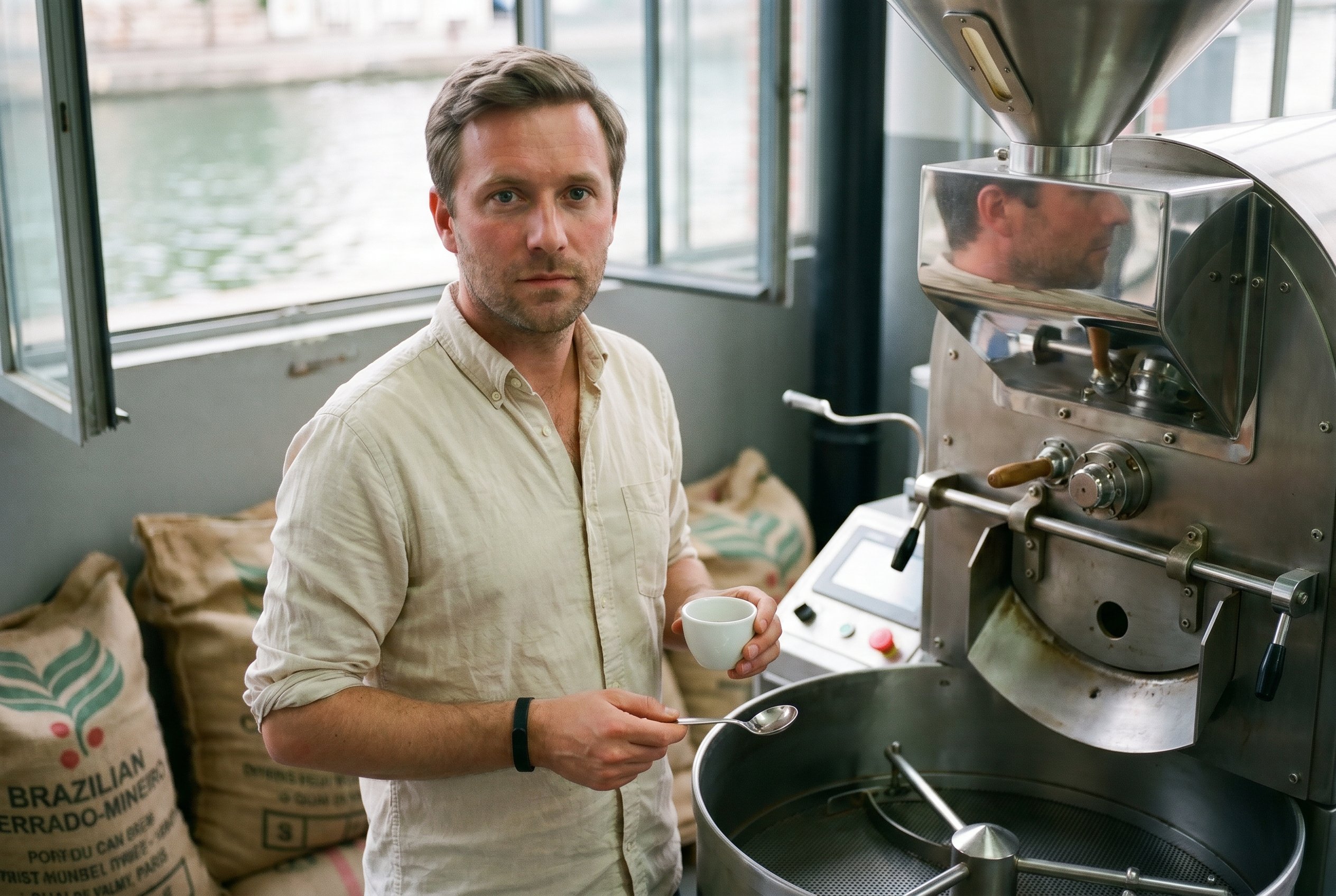Closeup — Étienne beside the Loring S15 catalytic-burner roaster with a small white porcelain tasting-cup in his right hand and the sommelier-style stainless-steel cupping-spoon (his Septime sommelier-keepsake from 2021) in his left hand, the burlap-sacks of green Brazilian-Cerrado-Mineiro coffee against the back-wall
