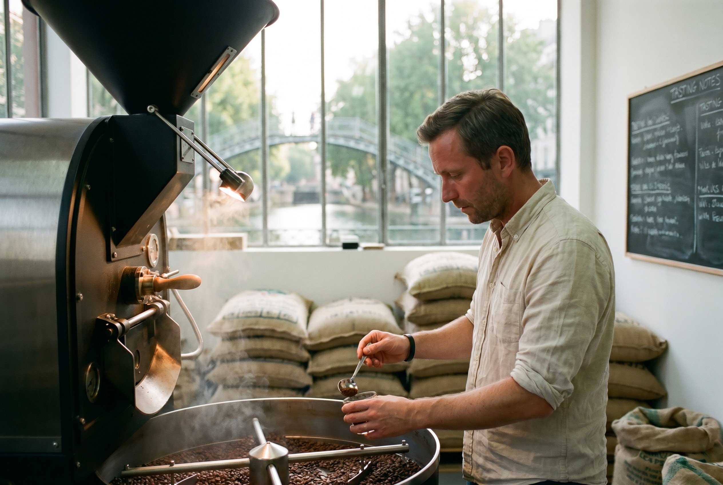 Context — the wider Canal-Saint-Martin roastery interior with the Loring S15 cast-iron roaster at the left of frame in full working-state plus the chalk-board tasting-notation-rack on the right-wall plus the open canal-side window at the back showing the canal-water plus the iron foot-bridge plus the platan-tree-line