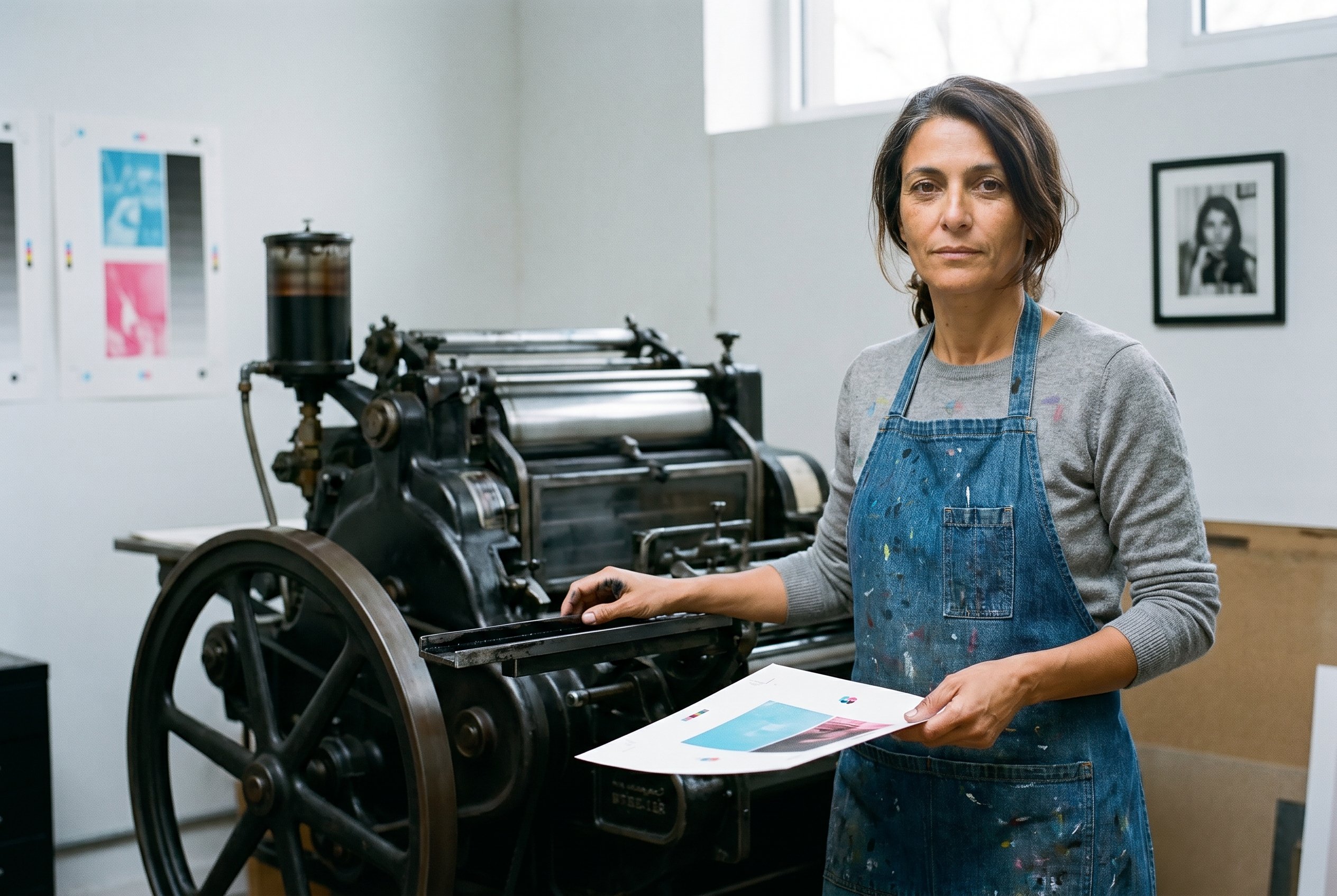 Closeup — Naïma at the 1958 Heidelberger-cylinder offset-lithography press inside her Belleville atelier, with a fresh contact-print in her right hand at the cylinder-rail and her ink-stained left forefinger-cuticle visible at the print-edge, the cyan-rose-black registration-test-prints taped to the back-wall and her aunt's 1968-Mai-68-Lithografin-portrait at the back-wall in deep soft focus