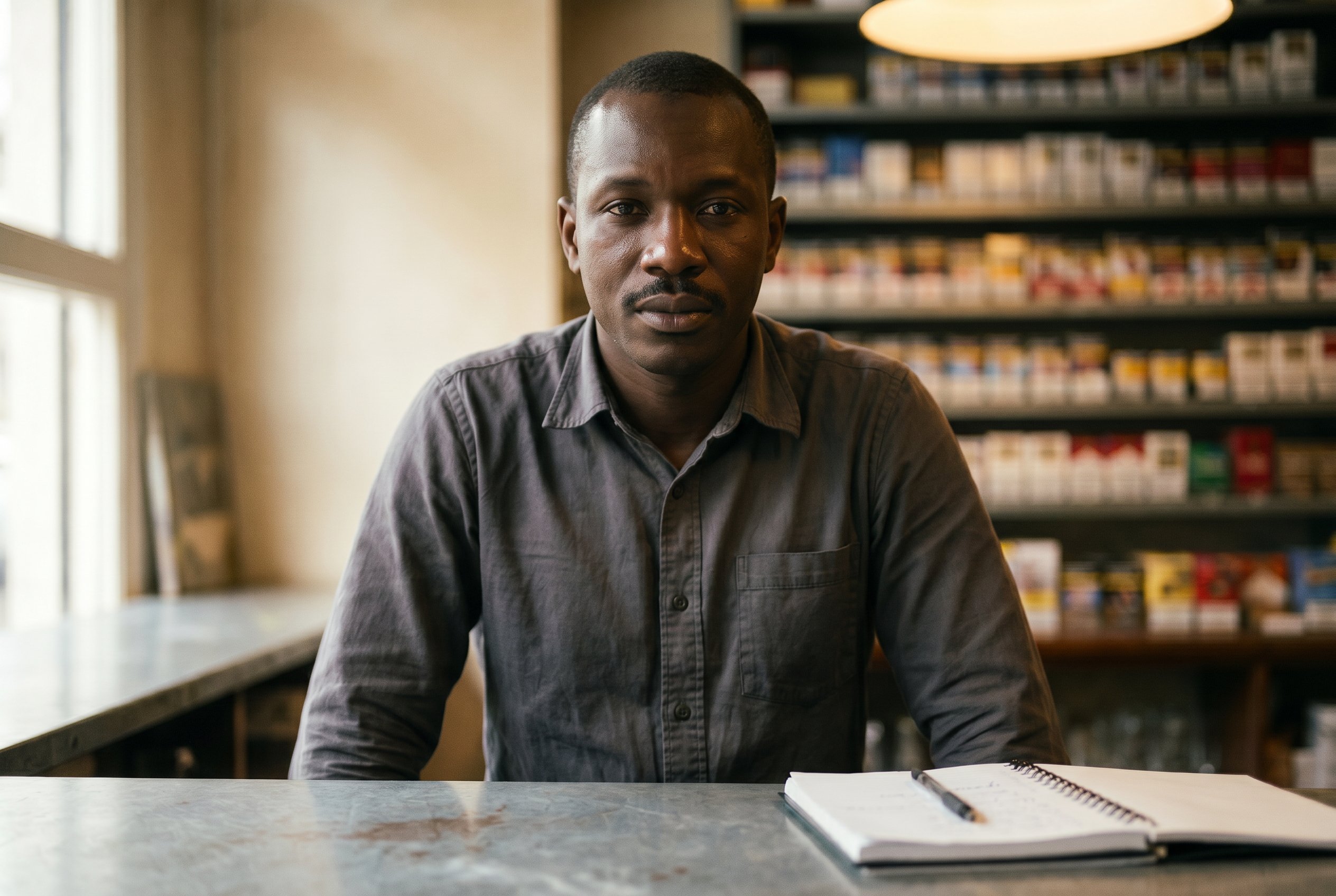 Closeup — Babacar at the counter, the soft-focus warm-tungsten tobacco-rack in deep background, the A5 schoolbook-customer-nickname-ledger open at the lower-right of frame with the black fountain-pen across it