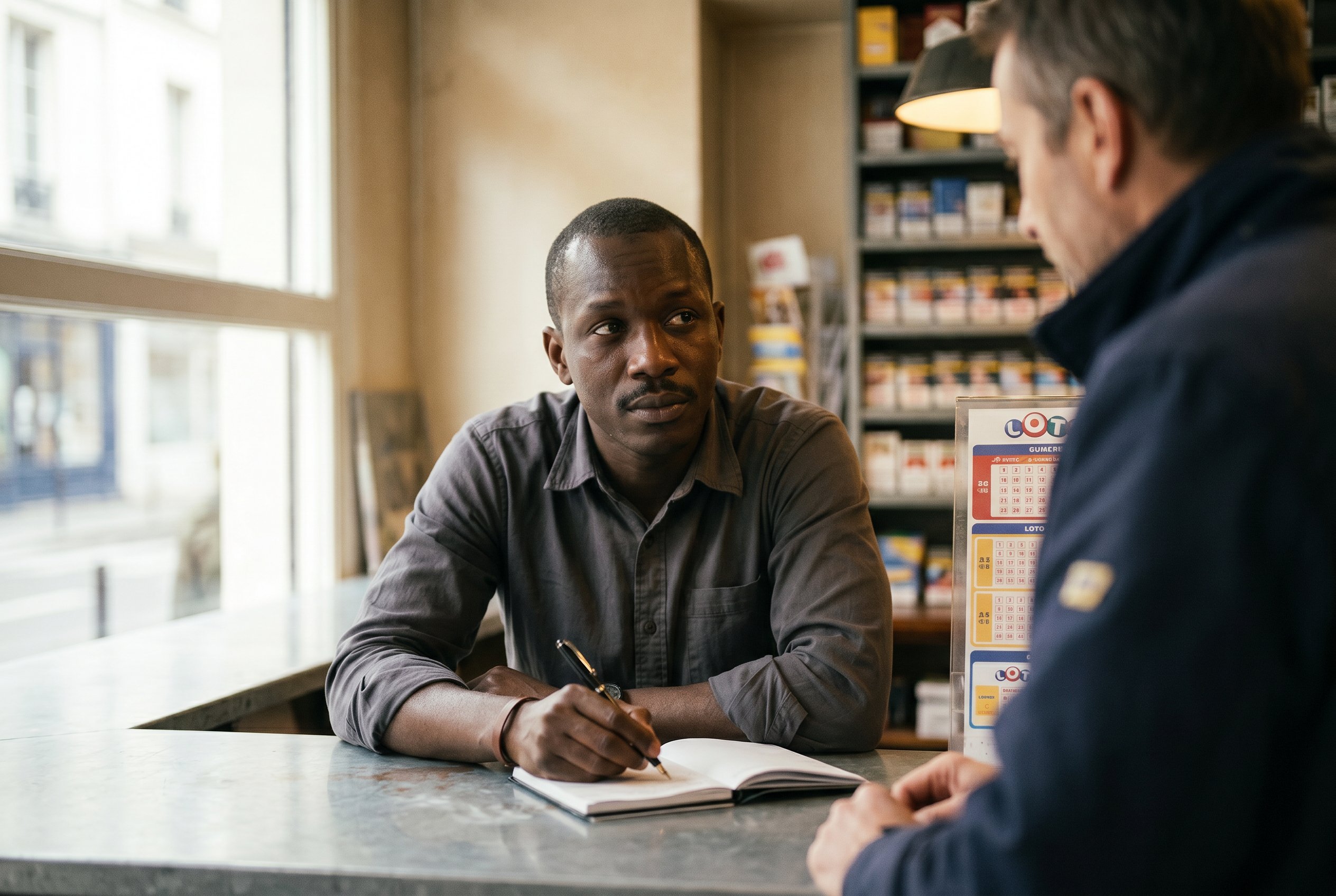 Context — wider counter-frame, Babacar mid-rush in three-quarter writing a note in the ledger with his left hand while a regular customer in a navy postman-jacket leans at the counter-edge in deep soft-focus, the warm tobacco-rack plus the Loto-display in the background, the long street-window throwing soft daylight from the left