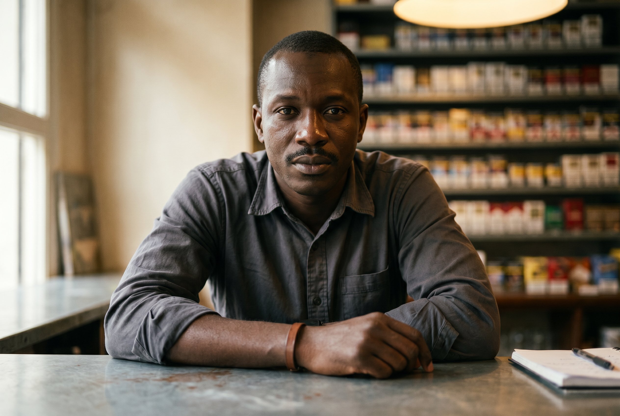 Portrait — Babacar at the polished-zinc counter of his Tabac-Presse at Place Sainte-Opportune, the Subject-Lock anchor for the wider context-frames below