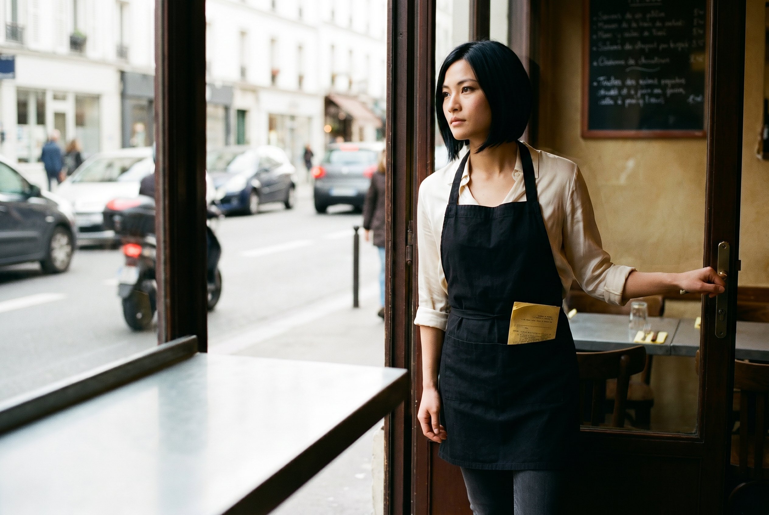 Context — wider bistro-frame, Linh in three-quarter at the open bistro-doorway leaning against the doorframe with her right hand at the door-handle pre-service, looking out at the soft-focus Avenue d'Ivry afternoon-light plus a passing motor-scooter, the chalk-board with the handwritten phở-of-the-day-menu behind her