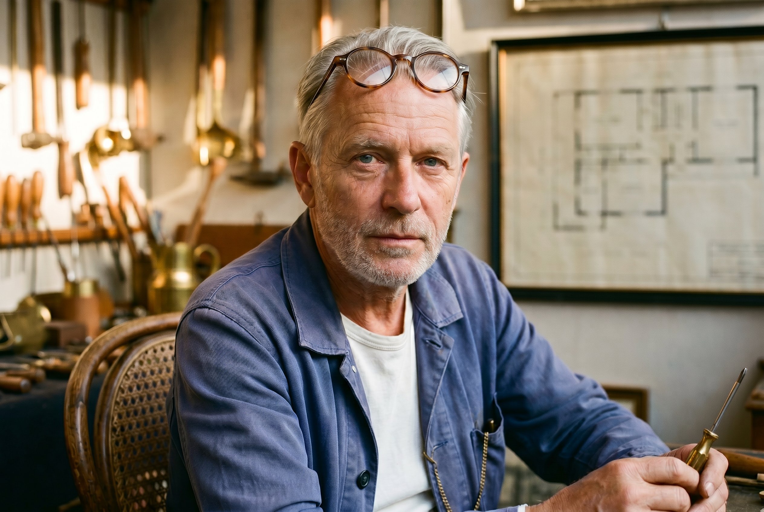 Closeup — Jean-Christophe at the stand, the soft-focus brass-tool-wall plus the hand-tinted 1953-architectural-plan-frame in the background, the small slender brass slotted screwdriver held loosely between his right thumb and forefinger